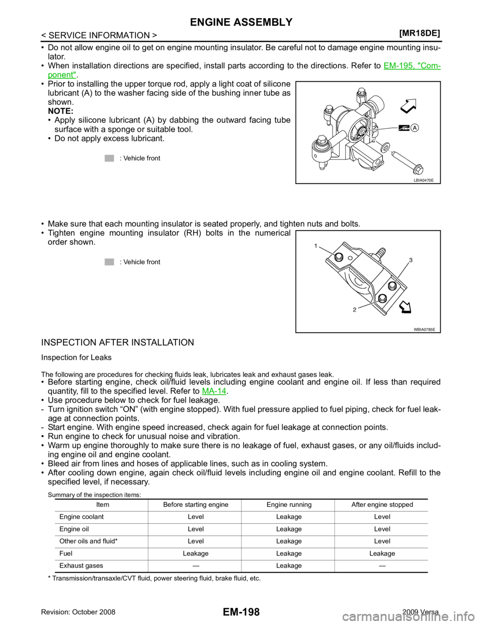 NISSAN LATIO 2009 Service Repair Manual Com-
ponent " .
• Prior to installing the upper torque rod, apply a light coat of silicone lubricant (A) to the washer facing side of the bushing inner tube as
shown.
NOTE:
• Apply silicone lubr NISSAN LATIO 2009 Service Repair Manual Com-
ponent " .
• Prior to installing the upper torque rod, apply a light coat of silicone lubricant (A) to the washer facing side of the bushing inner tube as
shown.
NOTE:
• Apply silicone lubr