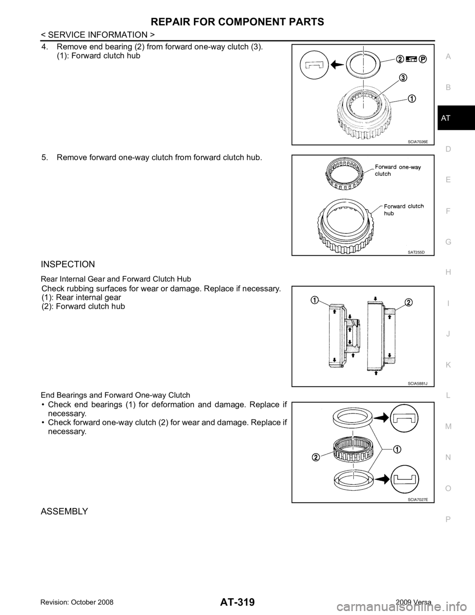 NISSAN LATIO 2009  Service Repair Manual AT
N
O P
4. Remove end bearing (2) from forward one-way clutch (3).
(1): Forward clutch hub
5. Remove forward one-way clutch from forward clutch hub.
INSPECTION
Rear Internal Gear and Forward Clutch H