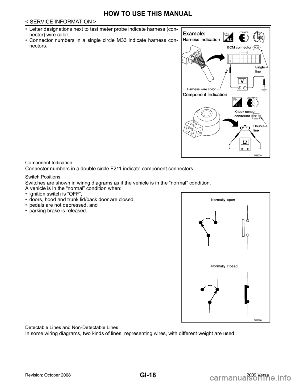 NISSAN LATIO 2009  Service Repair Manual GI-18< SERVICE INFORMATION >
HOW TO USE THIS MANUAL
• Letter designations next to test meter probe indicate harness (con- nector) wire color.
• Connector  numbers  in  a  single  circle  M33  indi