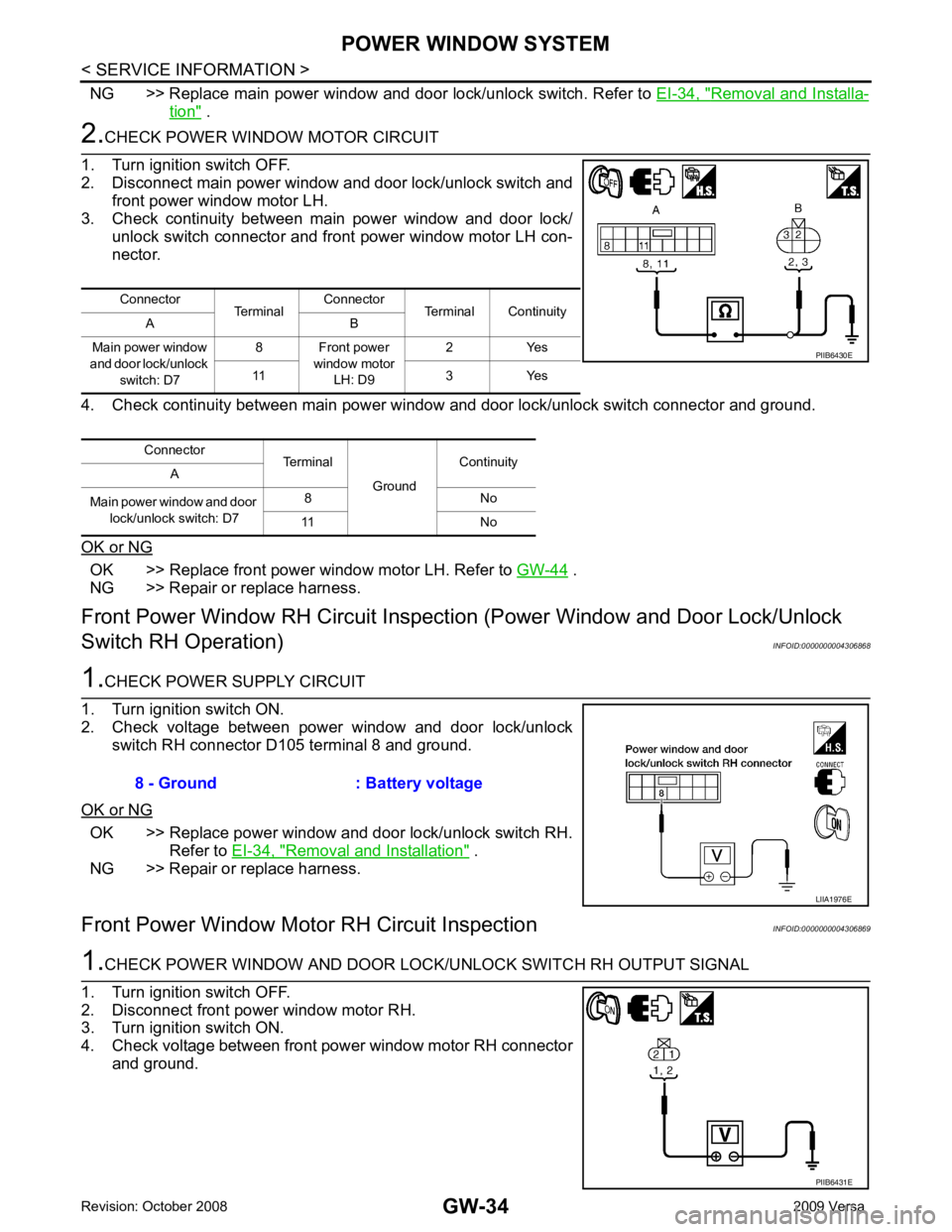 NISSAN LATIO 2009  Service Repair Manual Removal and Installa-
tion "  .
OK >> Replace front power window motor LH. Refer to 
GW-44  .
NG >> Repair or replace harness.
Front Power Window RH Circuit Inspecti on (Power Window and Door Lock/Unl