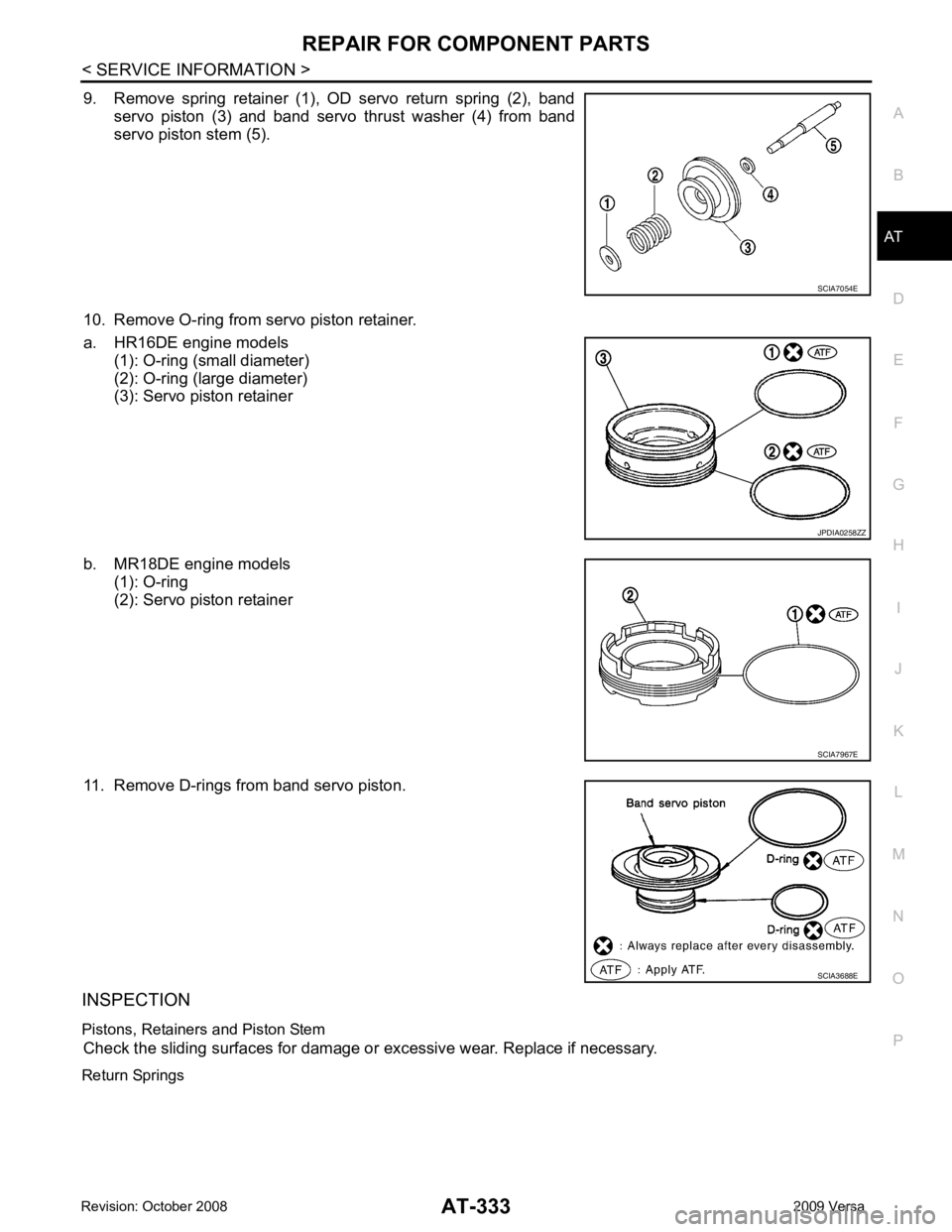 NISSAN LATIO 2009  Service Repair Manual AT
N
O P
9. Remove  spring  retainer  (1),  OD  servo  return  spring  (2),  band
servo  piston  (3)  and  band  servo  thrust  washer  (4)  from  band
servo piston stem (5).
10. Remove O-ring from se