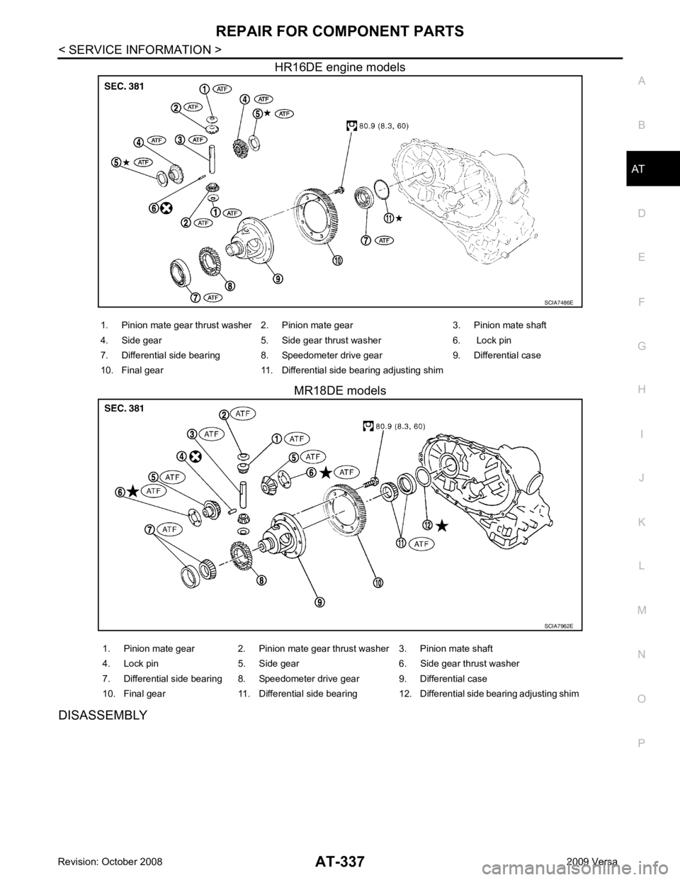 NISSAN LATIO 2009  Service Repair Manual AT
N
O P
HR16DE engine models
MR18DE models
DISASSEMBLY 