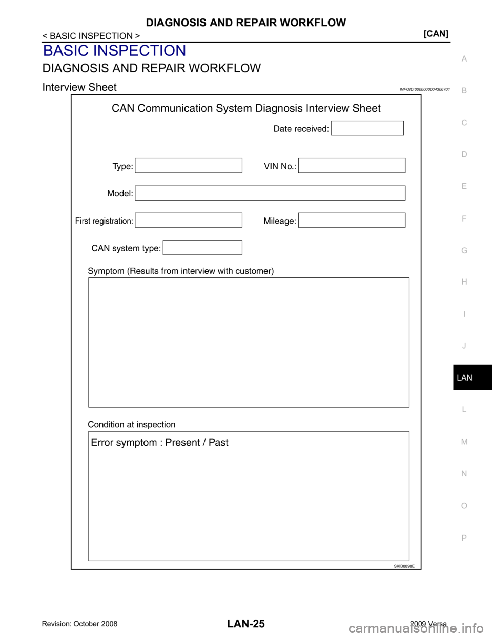 NISSAN LATIO 2009  Service Repair Manual LAN
N
O P
BASIC INSPECTION
DIAGNOSIS AND REPAIR WORKFLOW
Interview Sheet INFOID:0000000004306701 