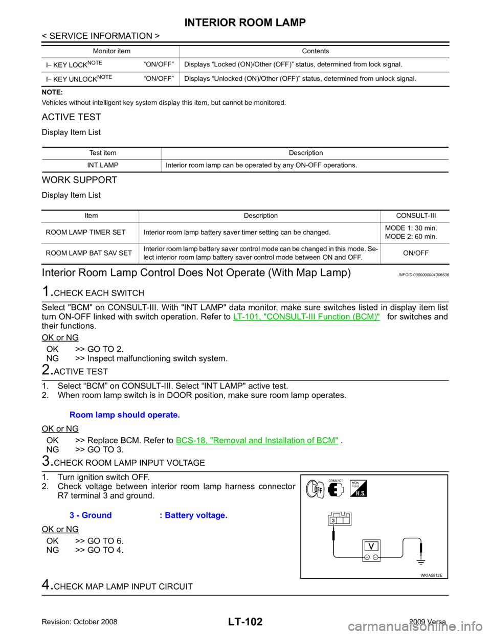 NISSAN LATIO 2009  Service Repair Manual CONSULT-III Function (BCM) "    for switches and
their functions.
OK or NG OK >> GO TO 2.
NG >> Inspect malfunctioning switch system. OK >> Replace BCM. Refer to 
BCS-18, " Removal and Installation of