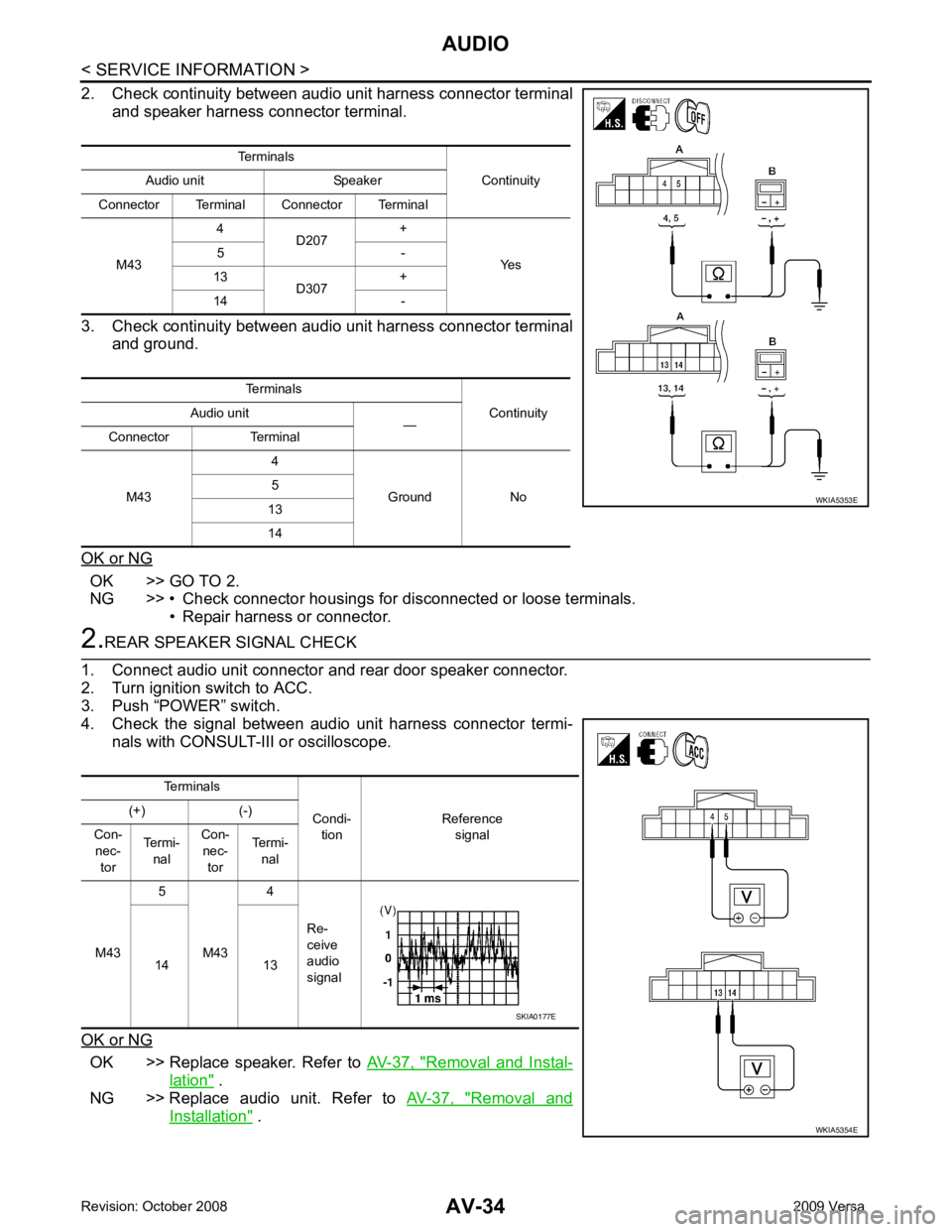 NISSAN LATIO 2009  Service Repair Manual AV-34< SERVICE INFORMATION >
AUDIO
2. Check continuity between audio unit harness connector terminal and speaker harness connector terminal.
3. Check continuity between audio unit harness connector te