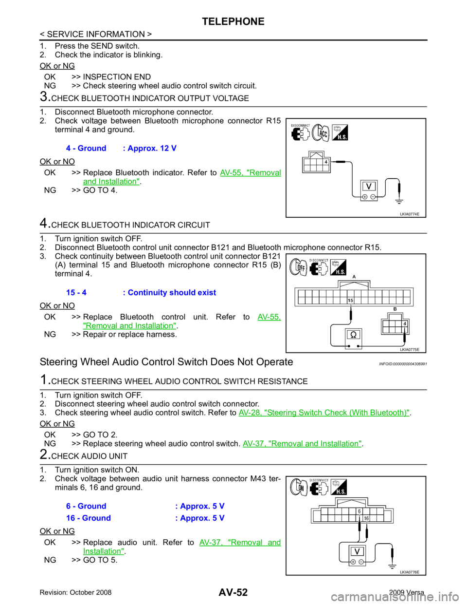 NISSAN LATIO 2009  Service Repair Manual OK >> INSPECTION END
NG >> Check steering wheel audio control switch circuit. OK >> Replace  Bluetooth  indicator.  Refer  to  
AV-55,  " Removal
and Installation " .
NG >> GO TO 4. OK >> Replace  Blu