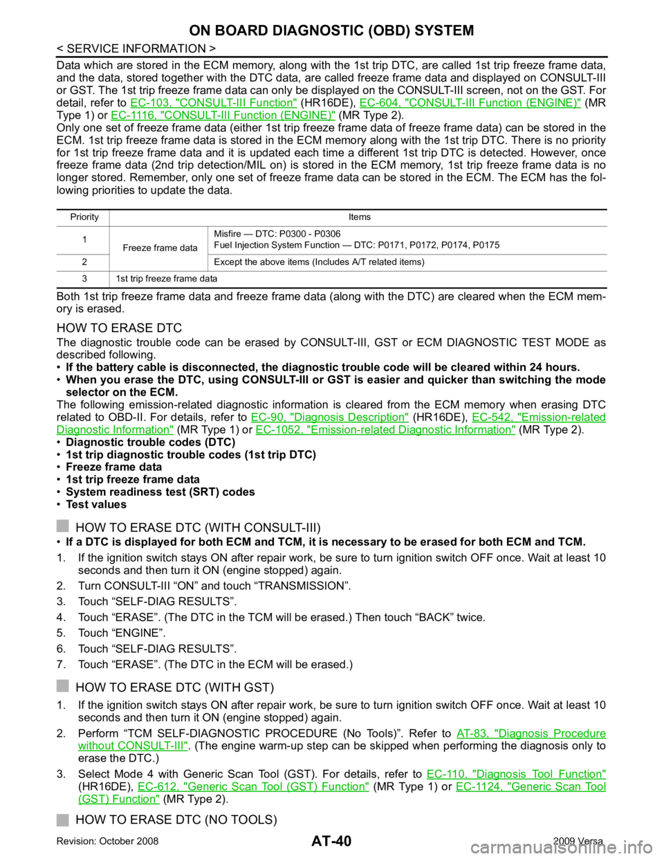 NISSAN LATIO 2009  Service Repair Manual CONSULT-III Function "  (HR16DE), 
EC-604, " CONSULT-III Function (ENGINE) "  (MR
Type 1) or  EC-1116, " CONSULT-III F
unction (ENGINE) "  (MR Type 2).
Only one set of freeze frame data (either 1st tr