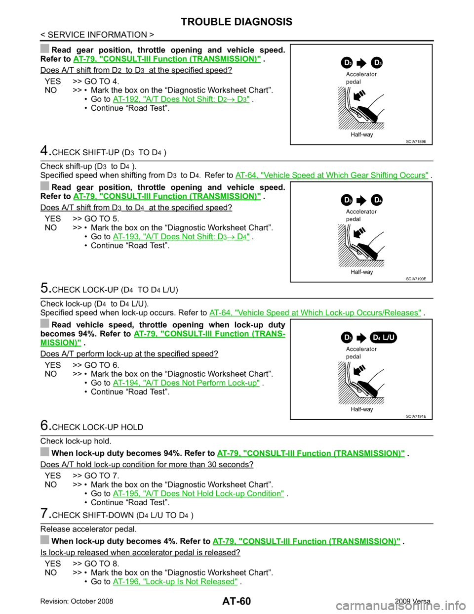 NISSAN LATIO 2009  Service Manual PDF CONSULT-III Funct
ion (TRANSMISSION) "  .
Does A/T shift from D YES >> GO TO 4.
NO >> • Mark the box on the “Diagnostic Worksheet Chart”.
• Go  to AT-192, " A/T Does Not Shift: D  .
• Contin