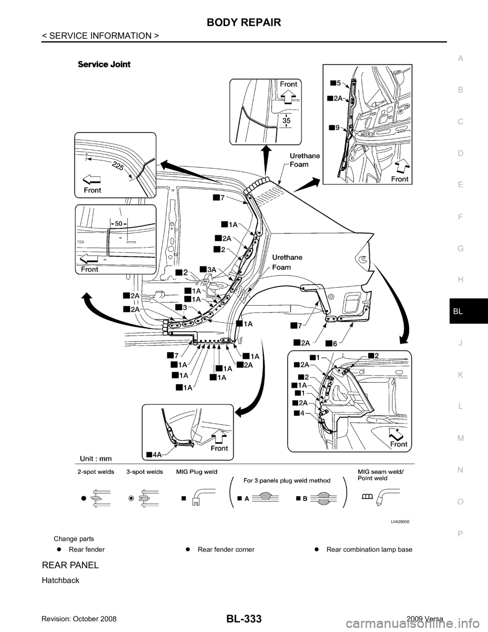 NISSAN LATIO 2009  Service Repair Manual BL
N
O P
REAR PANEL
Hatchback Change parts
�z Rear fender  �zRear fender corner  �zRear combination lamp base 