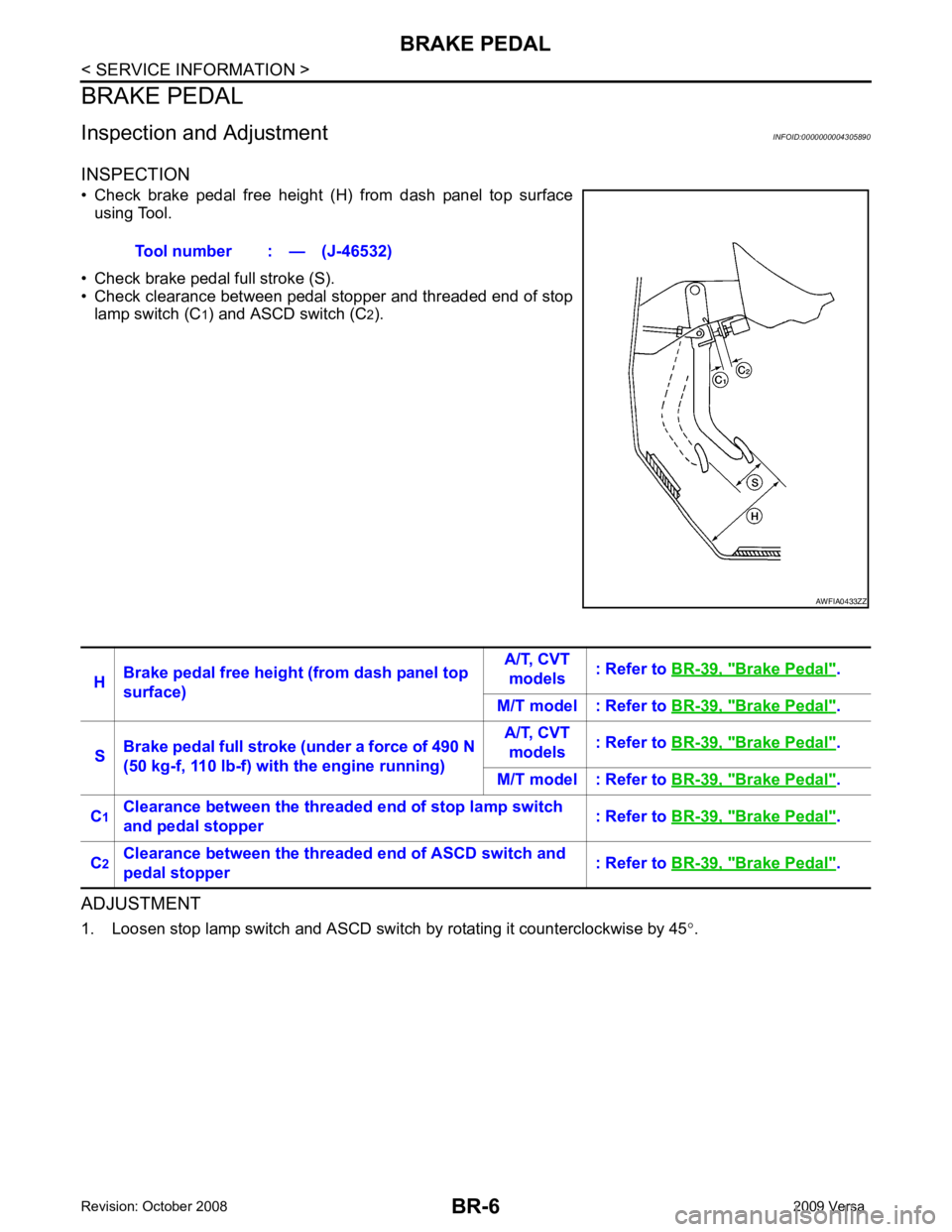 NISSAN LATIO 2009  Service Repair Manual Brake Pedal " .
M/T model : Refer to  BR-39, " Brake Pedal " .
S Brake pedal full stroke (under a force of 490 N 
(50 kg-f, 110 lb-f) with the engine running) A/T, CVT 
models : Refer to 
BR-39, " Bra
