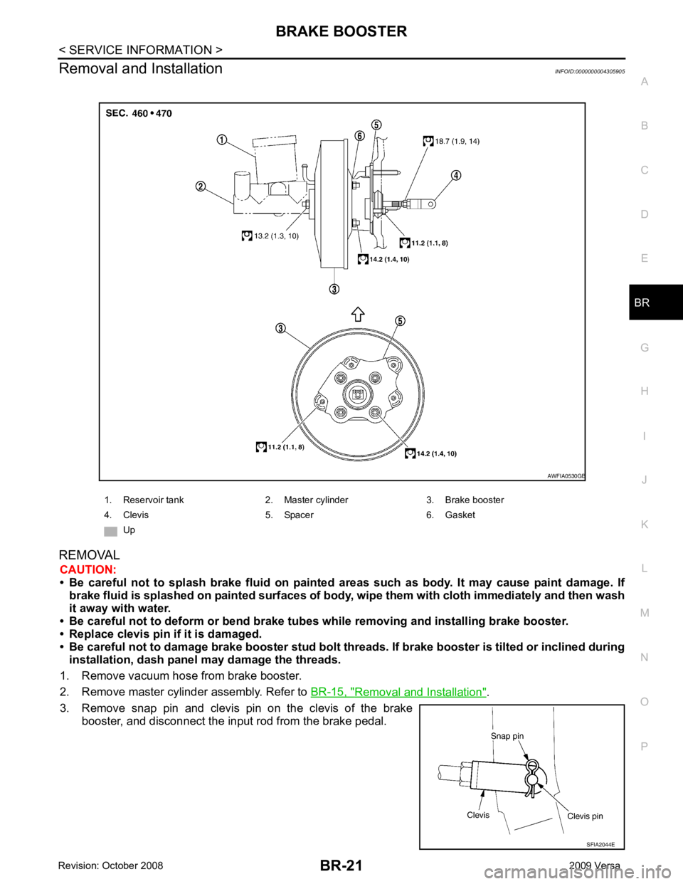 NISSAN LATIO 2009  Service Repair Manual BRAKE BOOSTER
BR-21
< SERVICE INFORMATION >
C
D E
G H
I
J
K L
M A
B BR
N
O P
Removal and Installation
INFOID:0000000004305905
REMOVAL CAUTION:
• Be  careful  not  to  splash  brake  fluid  on  paint