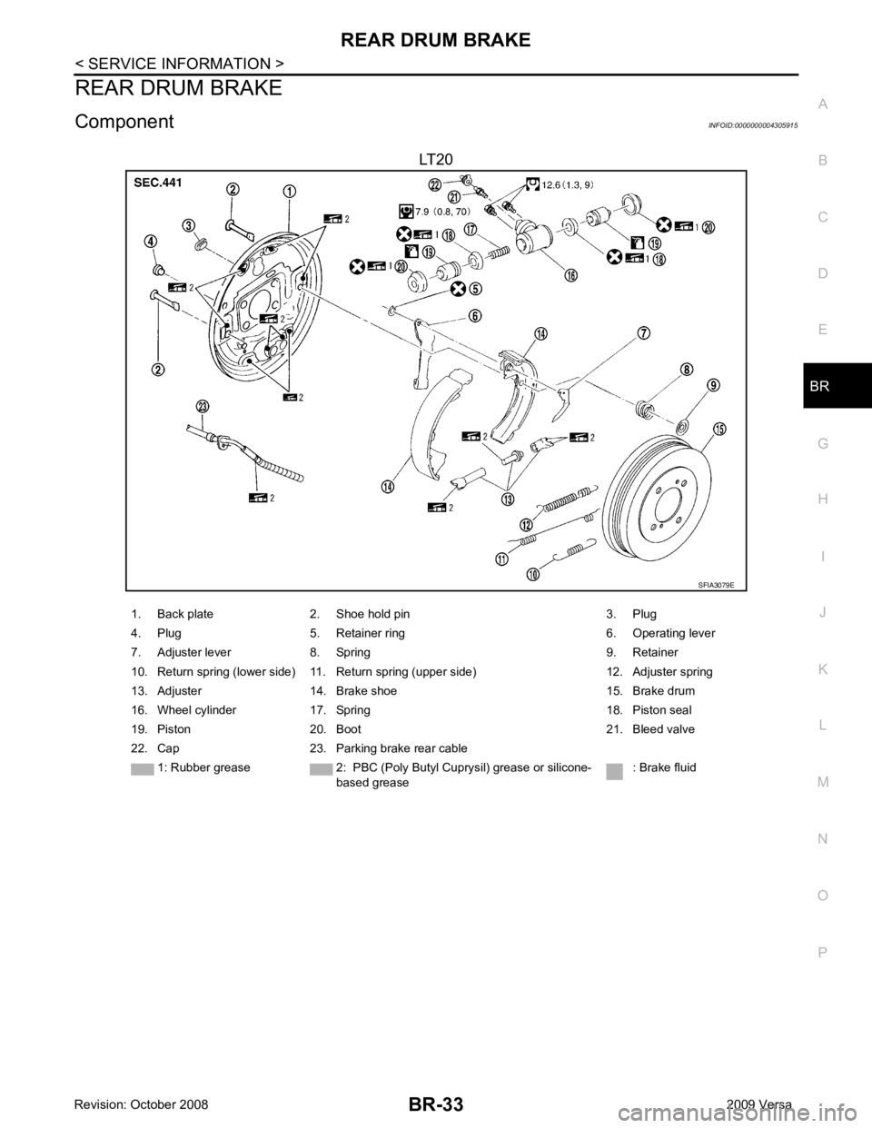 NISSAN LATIO 2009  Service Repair Manual BR
N
O P
REAR DRUM BRAKE
Component INFOID:0000000004305915
LT20 