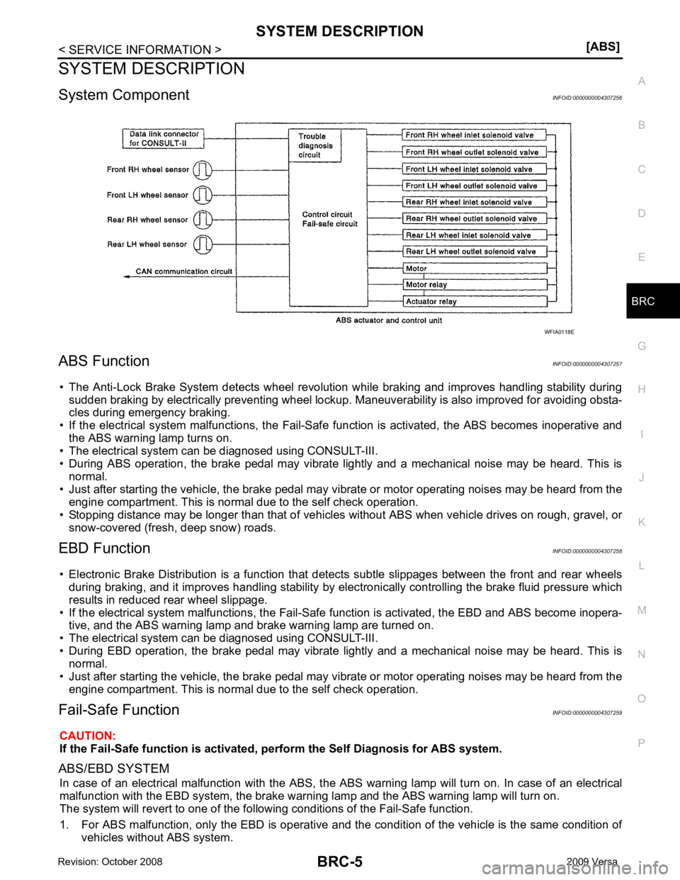 NISSAN LATIO 2009  Service Repair Manual BRC
N
O P
SYSTEM DESCRIPTION
System Component INFOID:0000000004307256
ABS Function INFOID:0000000004307257
• The  Anti-Lock  Brake  System  detects  wheel  revolution  while  braking  and  improves 