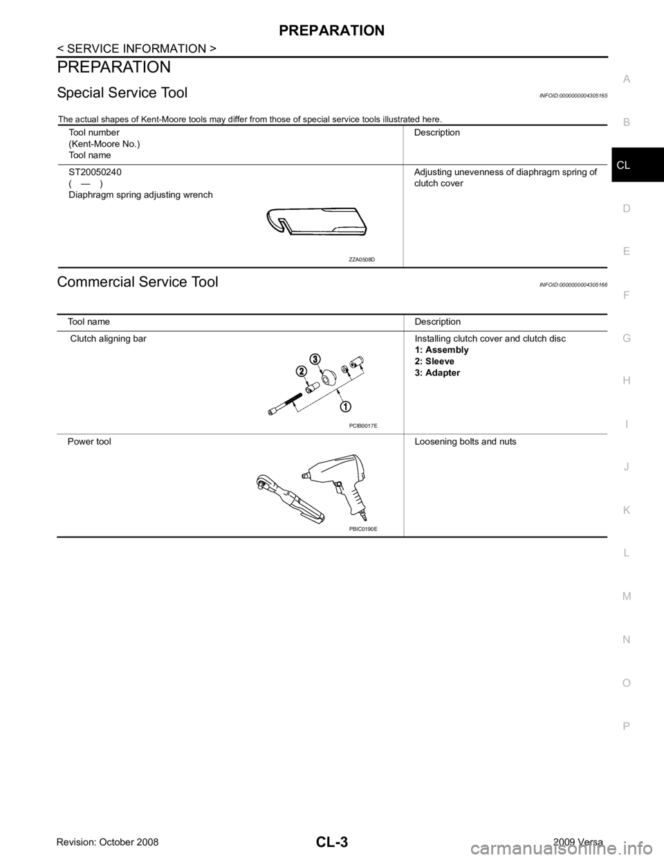 NISSAN LATIO 2009  Service Repair Manual CL
N
O P
PREPARATION
Special Service Tool INFOID:0000000004305165
The actual shapes of Kent-Moore tools may differ fr om those of special service tools illustrated here.
Commercial Service Tool INFOID