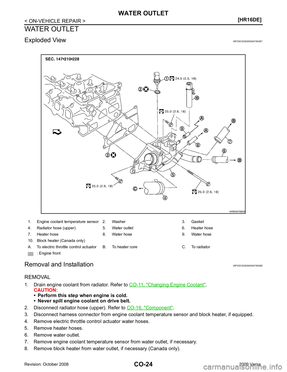 NISSAN LATIO 2009  Service Repair Manual Changing Engine Coolant " .
CAUTION:
• Perform this step when engine is cold.
• Never spill engine coolant on drive belt.
2. Disconnect radiator hose (upper). Refer to  CO-16, " Component " .
3. D