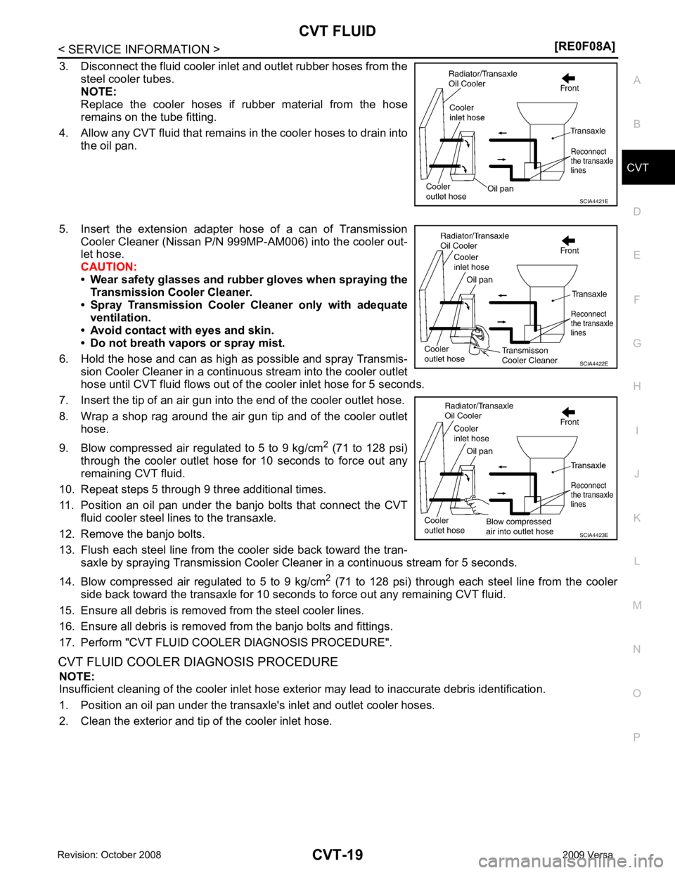 NISSAN LATIO 2009  Service Repair Manual CVT
N
O P
3. Disconnect the fluid cooler inle
t and outlet rubber hoses from the
steel cooler tubes.
NOTE:
Replace  the  cooler  hoses  if   rubber  material  from  the  hose
remains on the tube fitti