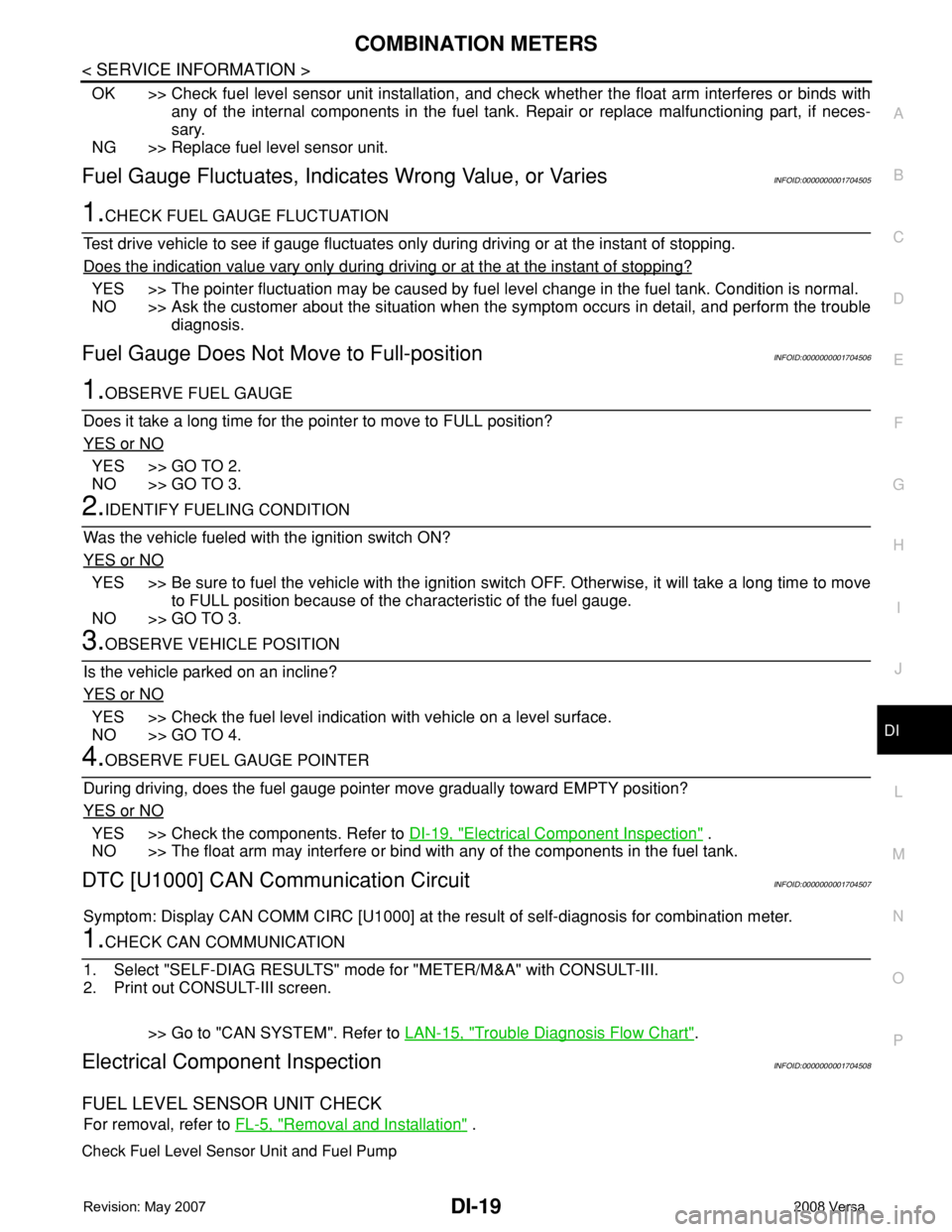 NISSAN LATIO 2008  Service Repair Manual COMBINATION METERS
DI-19
< SERVICE INFORMATION >
C
D
E
F
G
H
I
J
L
MA
B
DI
N
O
P
OK >> Check fuel level sensor unit installation, and check whether the float arm interferes or binds with
any of the in