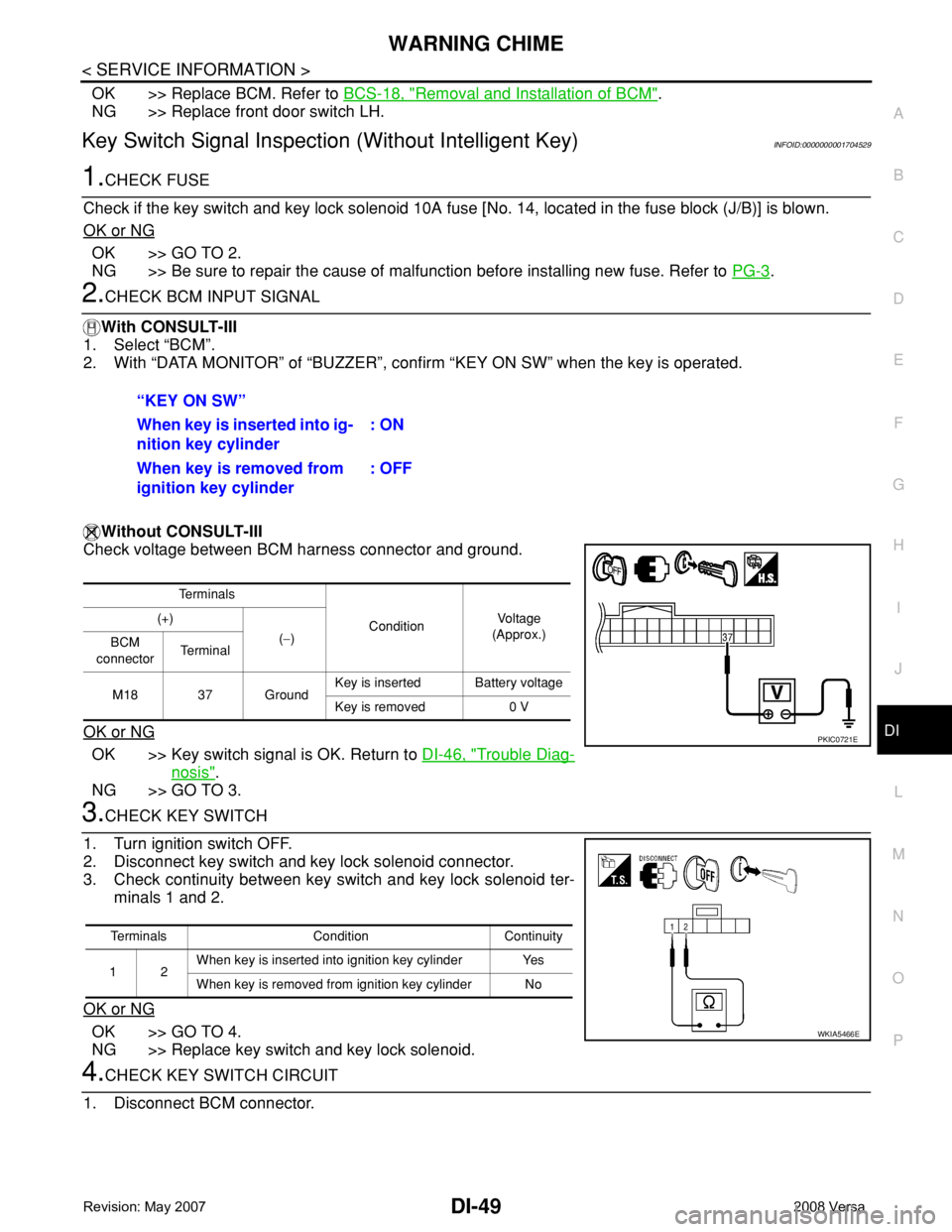 NISSAN LATIO 2008  Service Repair Manual WARNING CHIME
DI-49
< SERVICE INFORMATION >
C
D
E
F
G
H
I
J
L
MA
B
DI
N
O
P
OK >> Replace BCM. Refer to BCS-18, "Removal and Installation of BCM".
NG >> Replace front door switch LH.
Key Switc