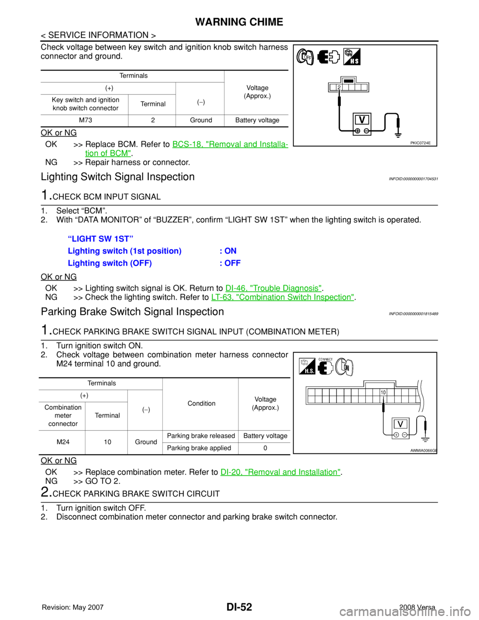 NISSAN LATIO 2008  Service Repair Manual DI-52
< SERVICE INFORMATION >
WARNING CHIME
Check voltage between key switch and ignition knob switch harness
connector and ground.
OK or NG
OK >> Replace BCM. Refer to BCS-18, "Removal and Instal