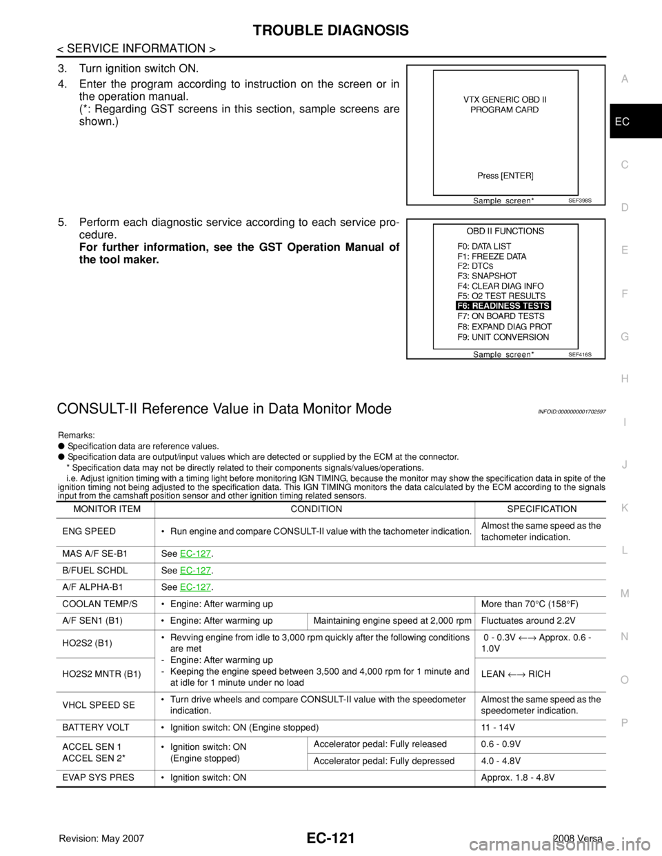 NISSAN LATIO 2008  Service Repair Manual TROUBLE DIAGNOSIS
EC-121
< SERVICE INFORMATION >
C
D
E
F
G
H
I
J
K
L
MA
EC
N
P O
3. Turn ignition switch ON.
4. Enter the program according to instruction on the screen or in
the operation manual.
(*: