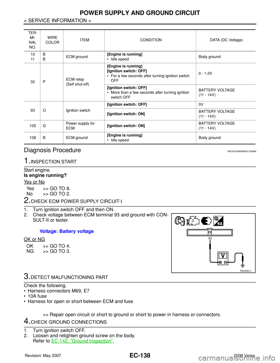 NISSAN LATIO 2008  Service Repair Manual EC-138
< SERVICE INFORMATION >
POWER SUPPLY AND GROUND CIRCUIT
Diagnosis Procedure
INFOID:0000000001702606
1.INSPECTION START
Start engine.
Is engine running?
Ye s  o r  N o
Ye s > > G O  T O  8 .
No 