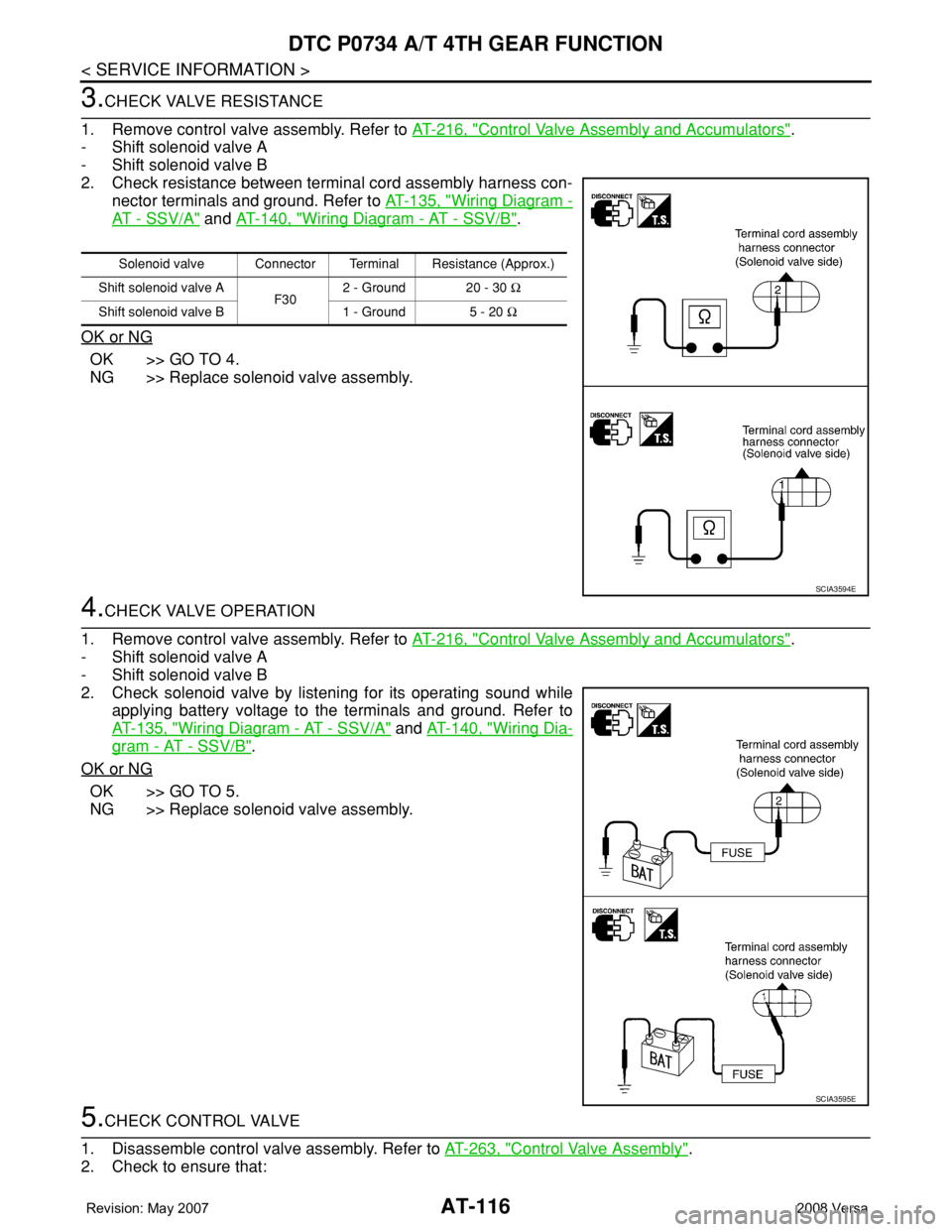 NISSAN LATIO 2008 Service Repair Manual AT-116
< SERVICE INFORMATION >
DTC P0734 A/T 4TH GEAR FUNCTION
3.CHECK VALVE RESISTANCE
1. Remove control valve assembly. Refer to AT-216, "
Control Valve Assembly and Accumulators".
- Shift s NISSAN LATIO 2008 Service Repair Manual AT-116
< SERVICE INFORMATION >
DTC P0734 A/T 4TH GEAR FUNCTION
3.CHECK VALVE RESISTANCE
1. Remove control valve assembly. Refer to AT-216, "
Control Valve Assembly and Accumulators".
- Shift s