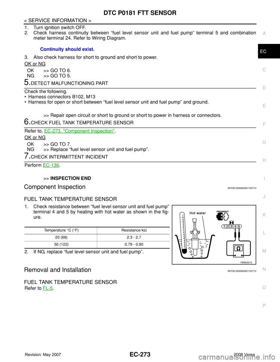 NISSAN LATIO 2008  Service Repair Manual DTC P0181 FTT SENSOR
EC-273
< SERVICE INFORMATION >
C
D
E
F
G
H
I
J
K
L
MA
EC
N
P O
1. Turn ignition switch OFF.
2. Check harness continuity between “fuel level sensor unit and fuel pump” terminal