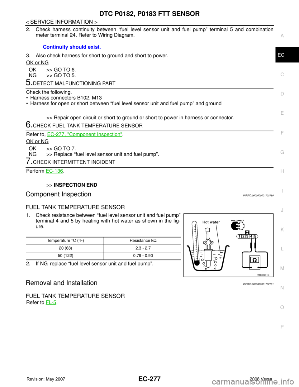 NISSAN LATIO 2008  Service Repair Manual DTC P0182, P0183 FTT SENSOR
EC-277
< SERVICE INFORMATION >
C
D
E
F
G
H
I
J
K
L
MA
EC
N
P O
2. Check harness continuity between “fuel level sensor unit and fuel pump” terminal 5 and combination
met