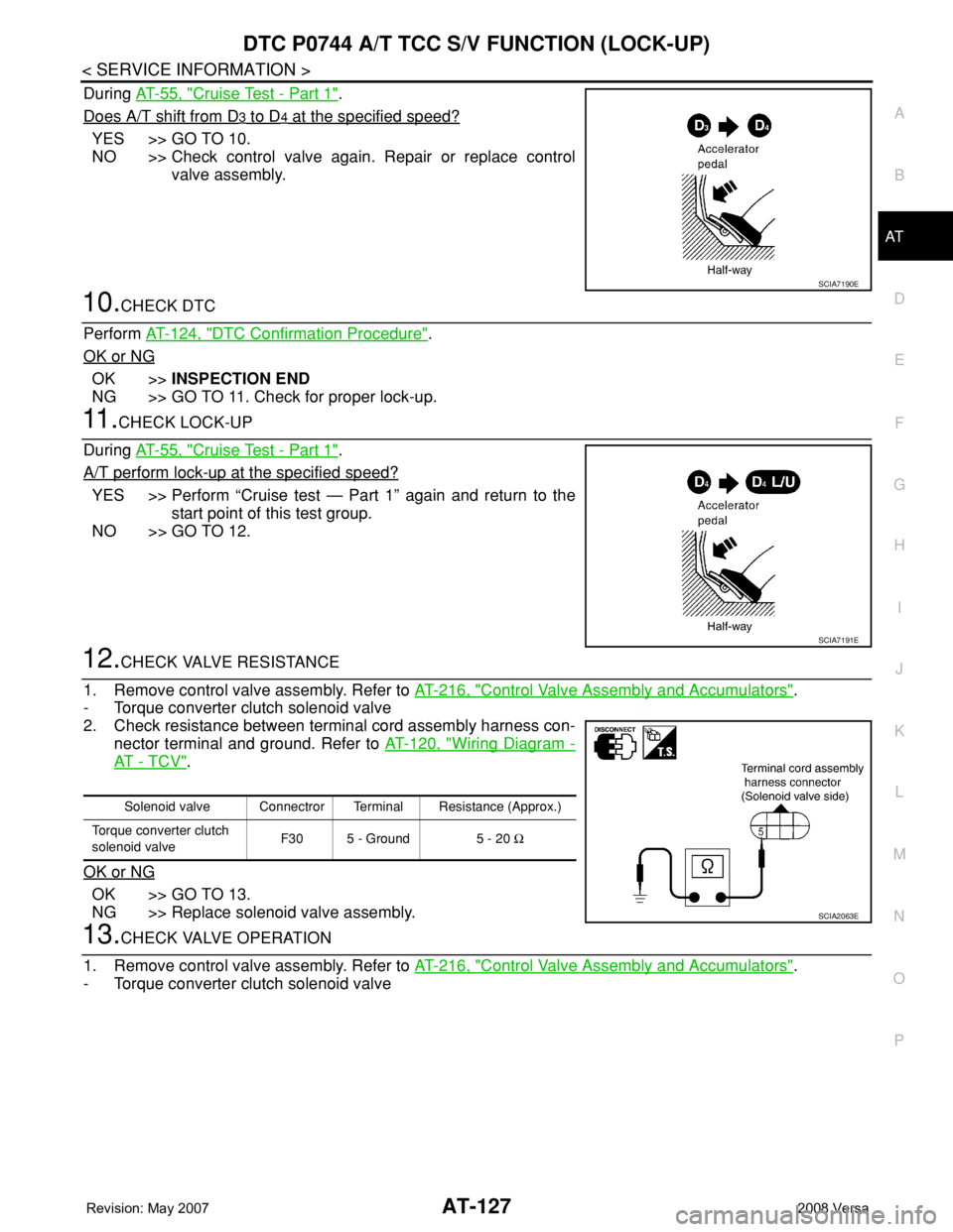 NISSAN LATIO 2008 Service Repair Manual DTC P0744 A/T TCC S/V FUNCTION (LOCK-UP)
AT-127
< SERVICE INFORMATION >
D
E
F
G
H
I
J
K
L
MA
B
AT
N
O
P
During AT-55, "Cruise Test - Part 1".
Does A/T shift from D
3 to D4 at the specified spe NISSAN LATIO 2008 Service Repair Manual DTC P0744 A/T TCC S/V FUNCTION (LOCK-UP)
AT-127
< SERVICE INFORMATION >
D
E
F
G
H
I
J
K
L
MA
B
AT
N
O
P
During AT-55, "Cruise Test - Part 1".
Does A/T shift from D
3 to D4 at the specified spe