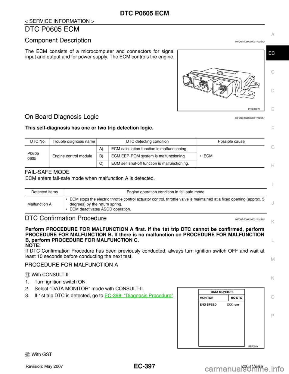 NISSAN LATIO 2008 Service Repair Manual DTC P0605 ECM
EC-397
< SERVICE INFORMATION >
C
D
E
F
G
H
I
J
K
L
MA
EC
N
P O
DTC P0605 ECM
Component DescriptionINFOID:0000000001702913
The ECM consists of a microcomputer and connectors for signal
in NISSAN LATIO 2008 Service Repair Manual DTC P0605 ECM
EC-397
< SERVICE INFORMATION >
C
D
E
F
G
H
I
J
K
L
MA
EC
N
P O
DTC P0605 ECM
Component DescriptionINFOID:0000000001702913
The ECM consists of a microcomputer and connectors for signal
in
