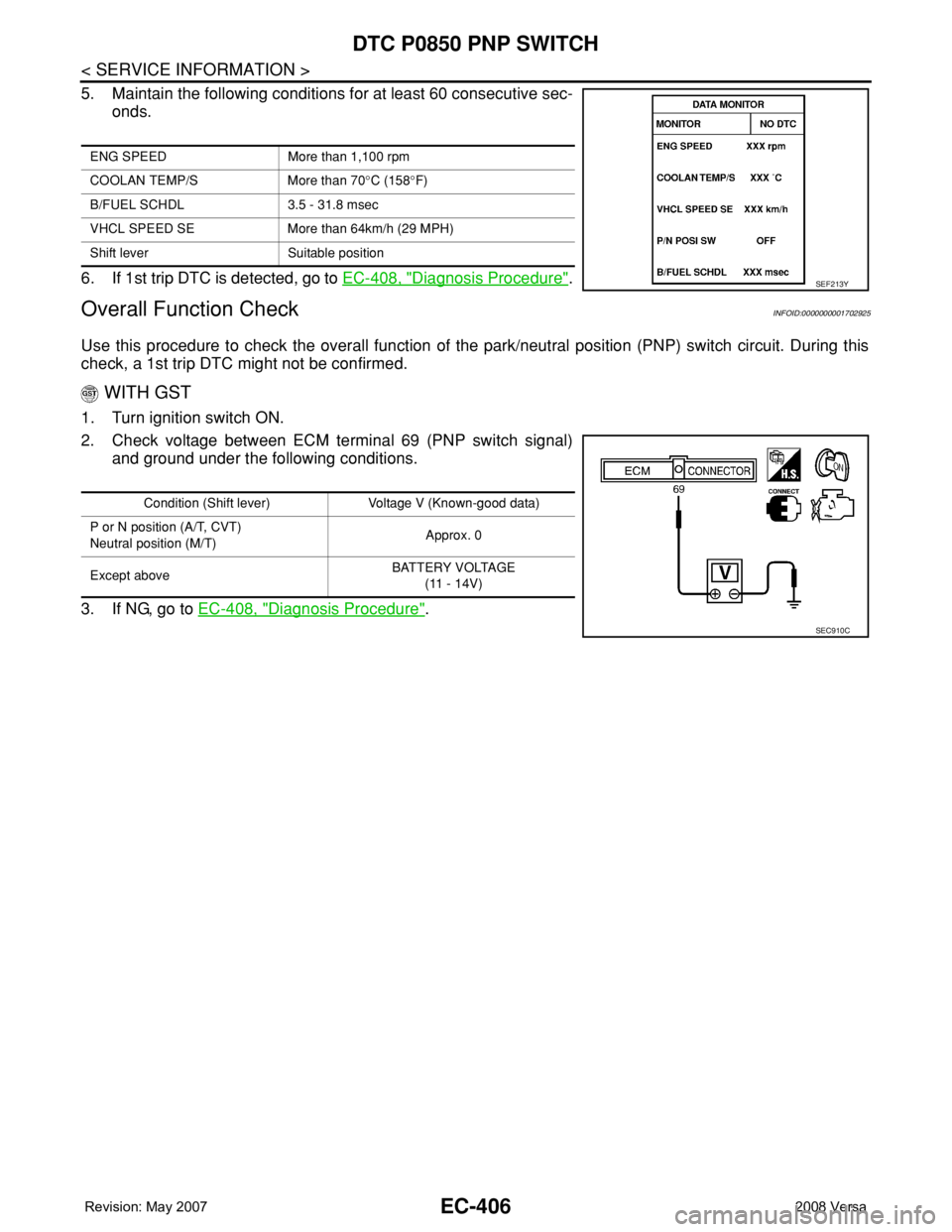 NISSAN LATIO 2008 Service Repair Manual EC-406
< SERVICE INFORMATION >
DTC P0850 PNP SWITCH
5. Maintain the following conditions for at least 60 consecutive sec-
onds.
6. If 1st trip DTC is detected, go to EC-408, "
Diagnosis Procedure& NISSAN LATIO 2008 Service Repair Manual EC-406
< SERVICE INFORMATION >
DTC P0850 PNP SWITCH
5. Maintain the following conditions for at least 60 consecutive sec-
onds.
6. If 1st trip DTC is detected, go to EC-408, "
Diagnosis Procedure&
