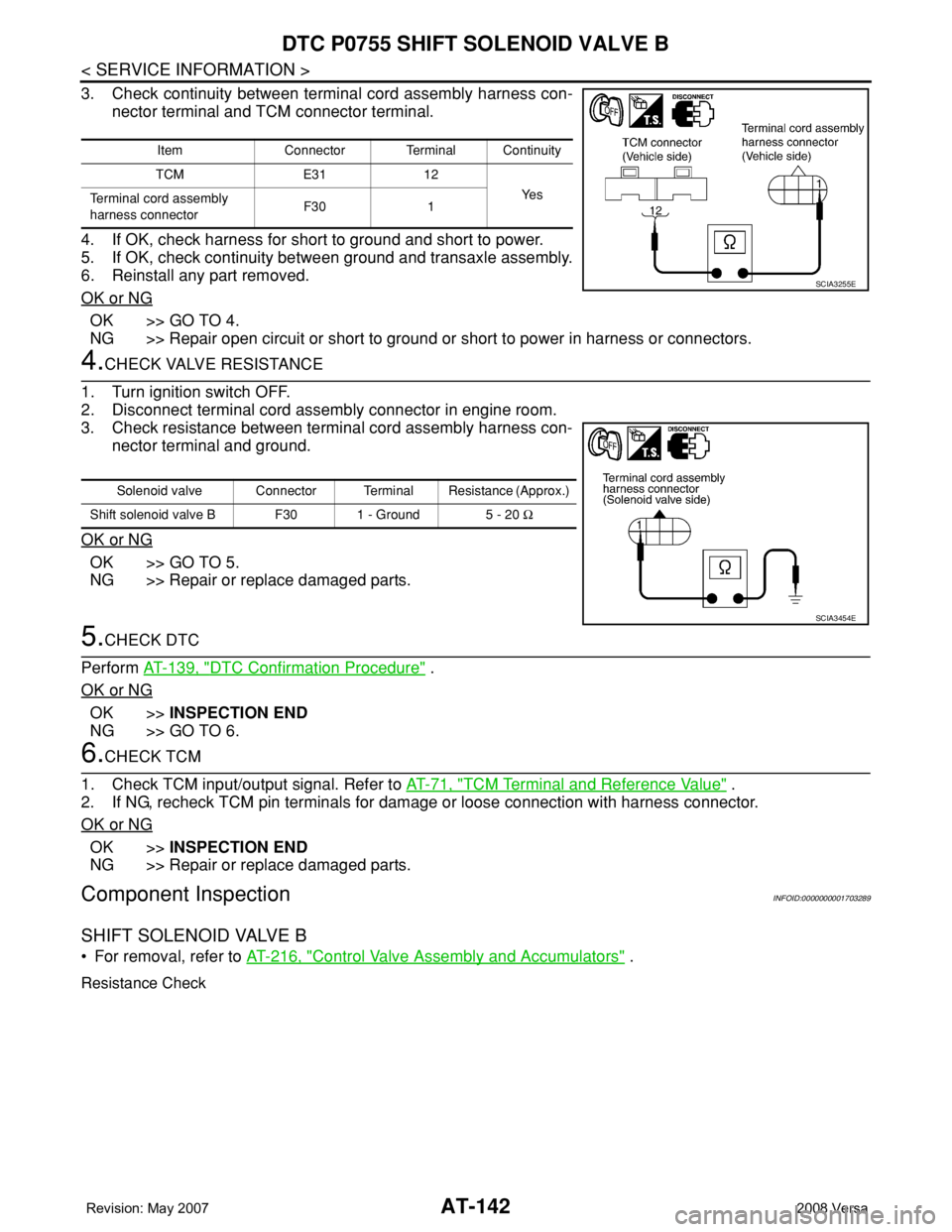 NISSAN LATIO 2008 Service Repair Manual AT-142
< SERVICE INFORMATION >
DTC P0755 SHIFT SOLENOID VALVE B
3. Check continuity between terminal cord assembly harness con-
nector terminal and TCM connector terminal.
4. If OK, check harness for NISSAN LATIO 2008 Service Repair Manual AT-142
< SERVICE INFORMATION >
DTC P0755 SHIFT SOLENOID VALVE B
3. Check continuity between terminal cord assembly harness con-
nector terminal and TCM connector terminal.
4. If OK, check harness for