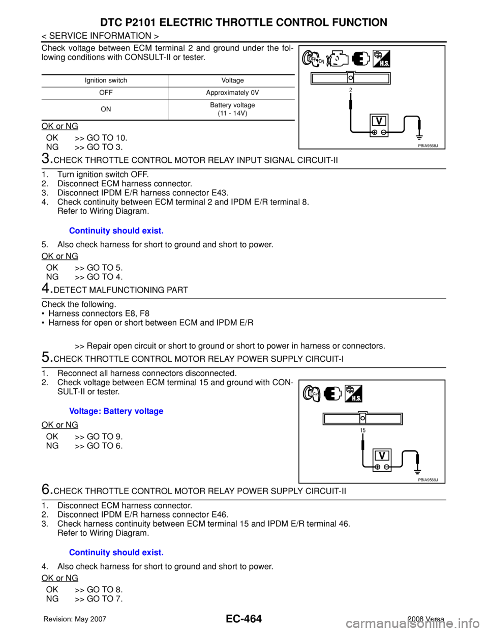 NISSAN LATIO 2008 Service Repair Manual EC-464
< SERVICE INFORMATION >
DTC P2101 ELECTRIC THROTTLE CONTROL FUNCTION
Check voltage between ECM terminal 2 and ground under the fol-
lowing conditions with CONSULT-II or tester.
OK or NG
OK >> G NISSAN LATIO 2008 Service Repair Manual EC-464
< SERVICE INFORMATION >
DTC P2101 ELECTRIC THROTTLE CONTROL FUNCTION
Check voltage between ECM terminal 2 and ground under the fol-
lowing conditions with CONSULT-II or tester.
OK or NG
OK >> G