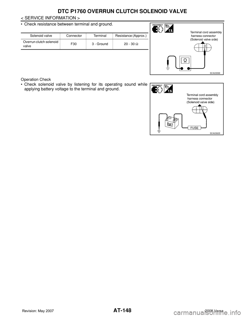 NISSAN LATIO 2008 Service Repair Manual AT-148
< SERVICE INFORMATION >
DTC P1760 OVERRUN CLUTCH SOLENOID VALVE
• Check resistance between terminal and ground.
Operation Check
• Check solenoid valve by listening for its operating sound w NISSAN LATIO 2008 Service Repair Manual AT-148
< SERVICE INFORMATION >
DTC P1760 OVERRUN CLUTCH SOLENOID VALVE
• Check resistance between terminal and ground.
Operation Check
• Check solenoid valve by listening for its operating sound w