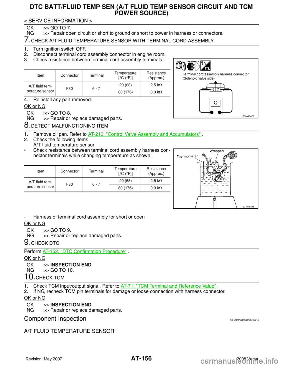 NISSAN LATIO 2008 Service Repair Manual AT-156
< SERVICE INFORMATION >
DTC BATT/FLUID TEMP SEN (A/T FLUID TEMP SENSOR CIRCUIT AND TCM
POWER SOURCE)
OK >> GO TO 7.
NG >> Repair open circuit or short to ground or short to power in harness or NISSAN LATIO 2008 Service Repair Manual AT-156
< SERVICE INFORMATION >
DTC BATT/FLUID TEMP SEN (A/T FLUID TEMP SENSOR CIRCUIT AND TCM
POWER SOURCE)
OK >> GO TO 7.
NG >> Repair open circuit or short to ground or short to power in harness or