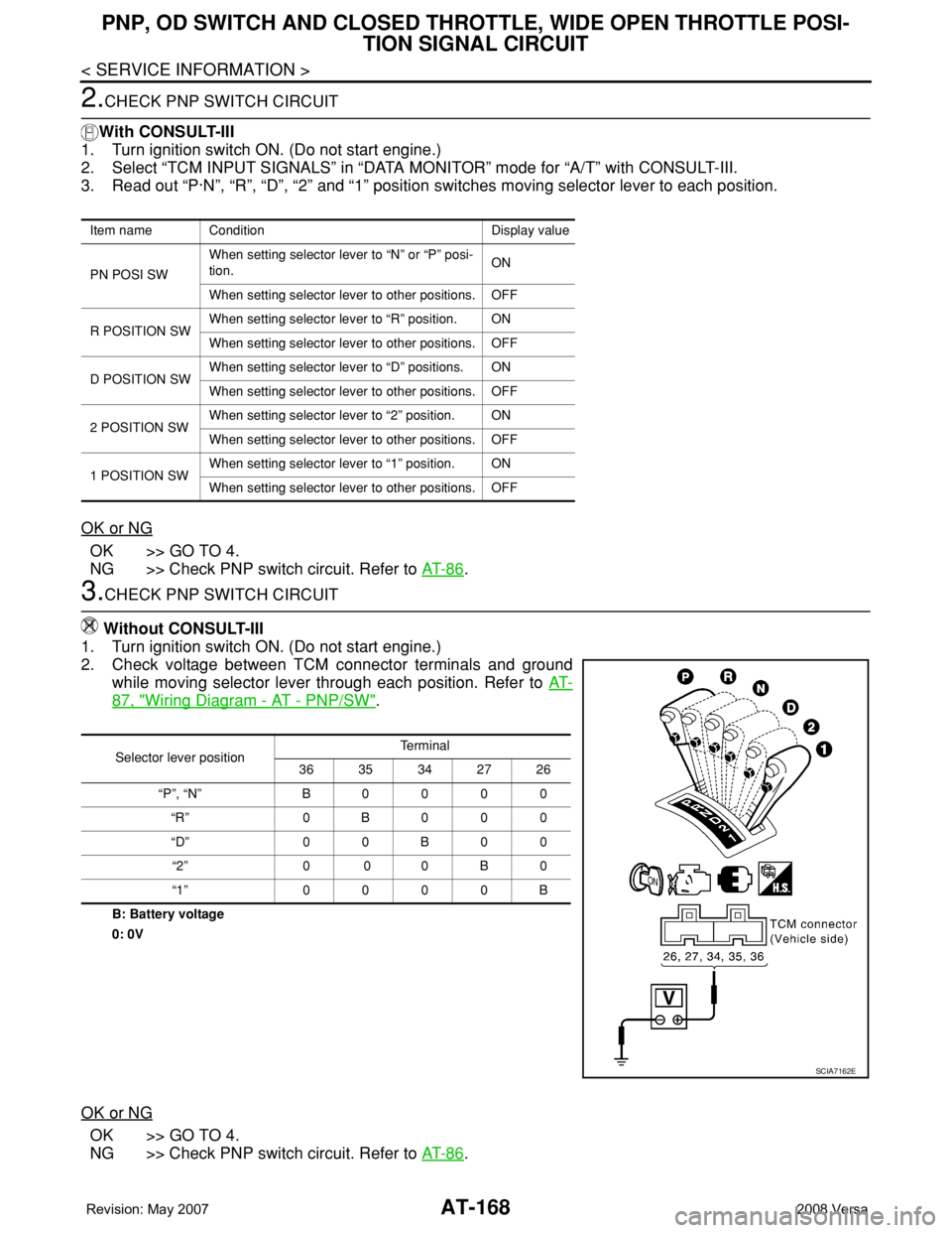 NISSAN LATIO 2008 Service Repair Manual AT-168
< SERVICE INFORMATION >
PNP, OD SWITCH AND CLOSED THROTTLE, WIDE OPEN THROTTLE POSI-
TION SIGNAL CIRCUIT
2.CHECK PNP SWITCH CIRCUIT
With CONSULT-III
1. Turn ignition switch ON. (Do not start en NISSAN LATIO 2008 Service Repair Manual AT-168
< SERVICE INFORMATION >
PNP, OD SWITCH AND CLOSED THROTTLE, WIDE OPEN THROTTLE POSI-
TION SIGNAL CIRCUIT
2.CHECK PNP SWITCH CIRCUIT
With CONSULT-III
1. Turn ignition switch ON. (Do not start en