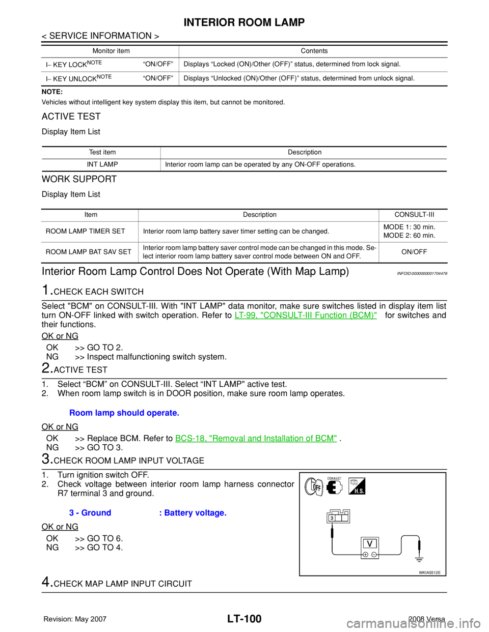 NISSAN LATIO 2008  Service Repair Manual LT-100
< SERVICE INFORMATION >
INTERIOR ROOM LAMP
NOTE:
Vehicles without intelligent key system display this item, but cannot be monitored.
ACTIVE TEST
Display Item List
WORK SUPPORT
Display Item List
