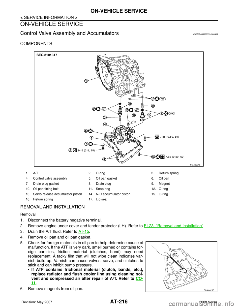 NISSAN LATIO 2008  Service Repair Manual AT-216
< SERVICE INFORMATION >
ON-VEHICLE SERVICE
ON-VEHICLE SERVICE
Control Valve Assembly and AccumulatorsINFOID:0000000001703366
COMPONENTS
REMOVAL AND INSTALLATION
Removal
1. Disconnect the batter