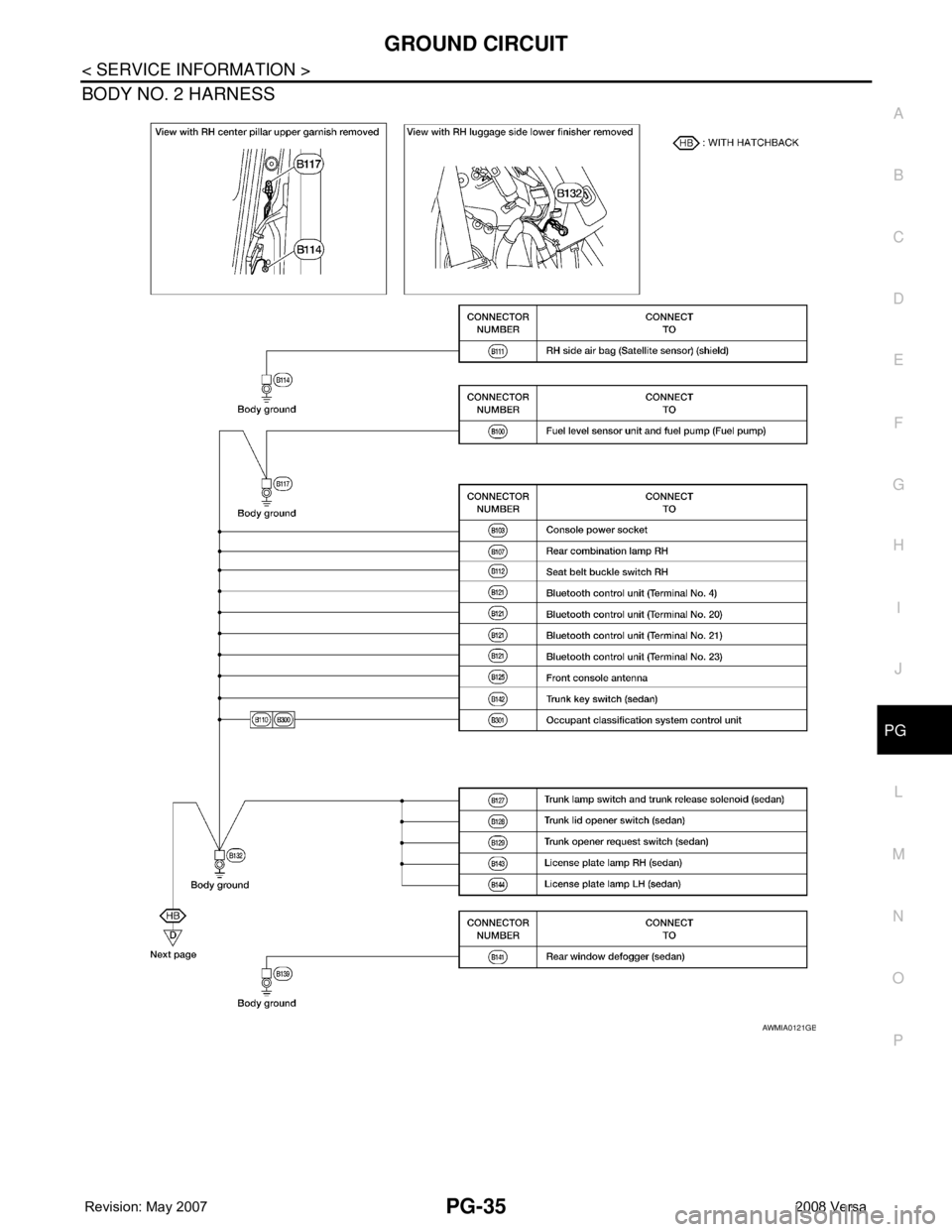 NISSAN LATIO 2008 Service Repair Manual GROUND CIRCUIT
PG-35
< SERVICE INFORMATION >
C
D
E
F
G
H
I
J
L
MA
B
PG
N
O
P
BODY NO. 2 HARNESS
AWMIA0121GB NISSAN LATIO 2008 Service Repair Manual GROUND CIRCUIT
PG-35
< SERVICE INFORMATION >
C
D
E
F
G
H
I
J
L
MA
B
PG
N
O
P
BODY NO. 2 HARNESS
AWMIA0121GB