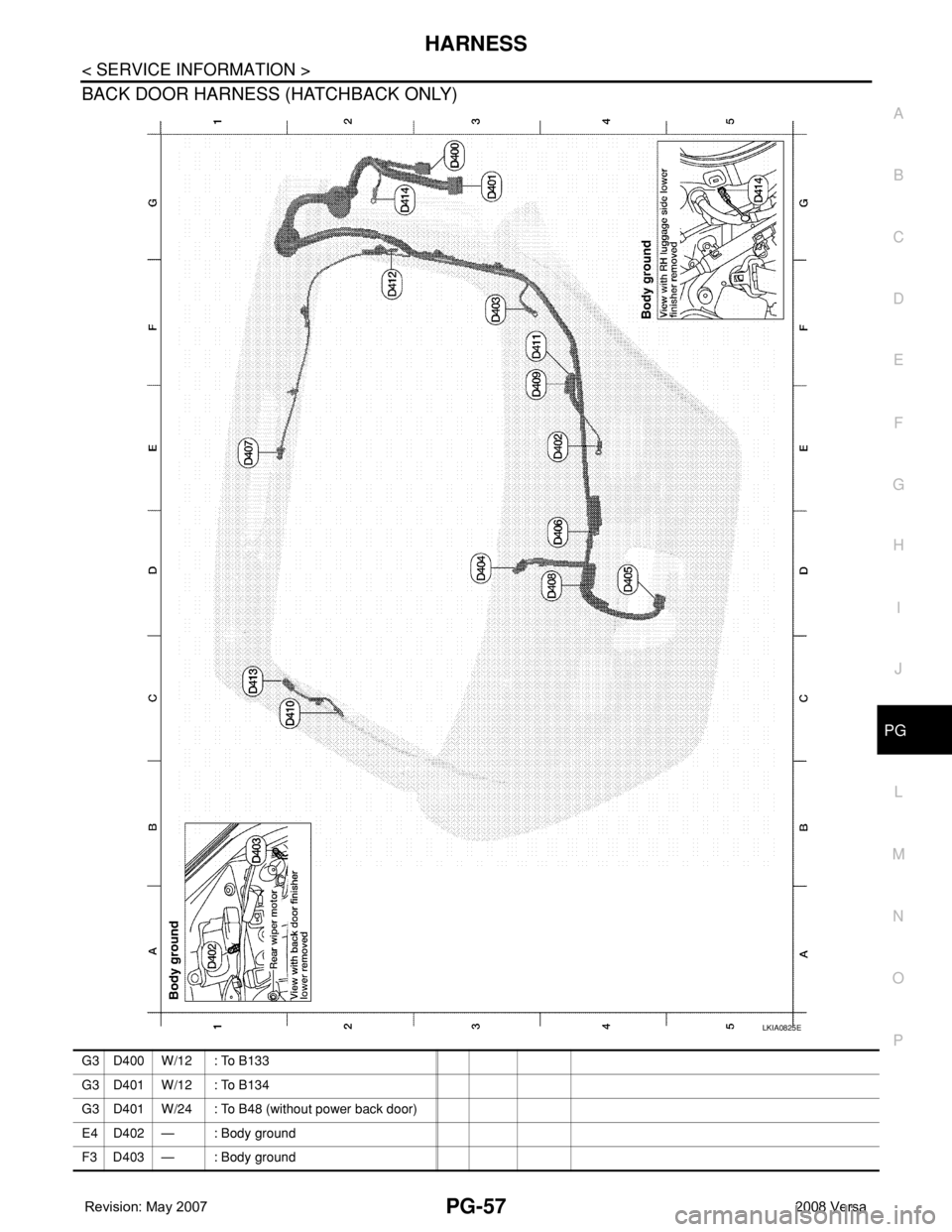 NISSAN LATIO 2008  Service Repair Manual HARNESS
PG-57
< SERVICE INFORMATION >
C
D
E
F
G
H
I
J
L
MA
B
PG
N
O
P
BACK DOOR HARNESS (HATCHBACK ONLY)
LKIA0825E
G3 D400 W/12 : To B133
G3 D401 W/12 : To B134
G3 D401 W/24 : To B48 (without power ba