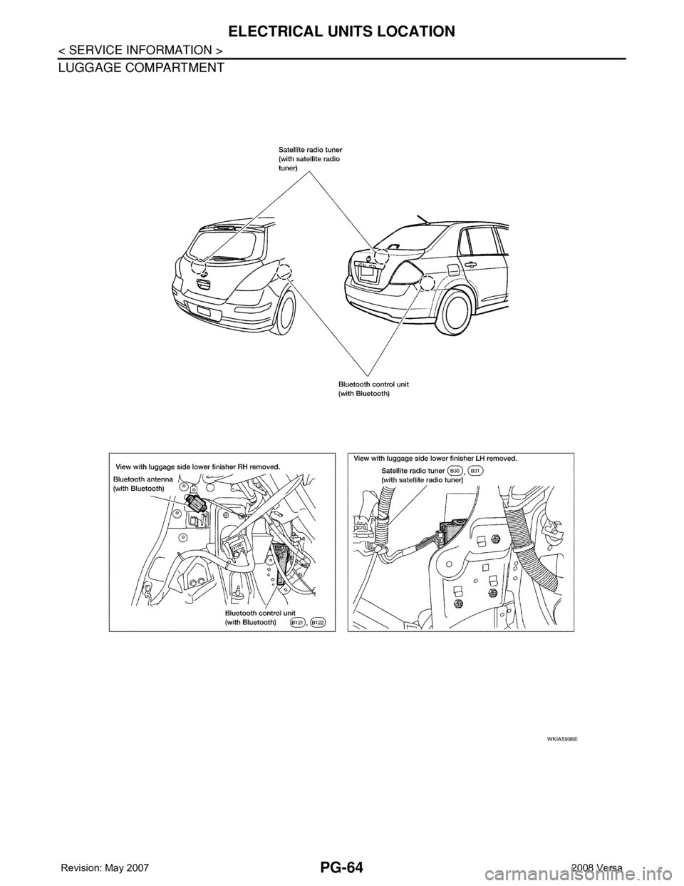 NISSAN LATIO 2008  Service Repair Manual PG-64
< SERVICE INFORMATION >
ELECTRICAL UNITS LOCATION
LUGGAGE COMPARTMENT
WKIA5998E 