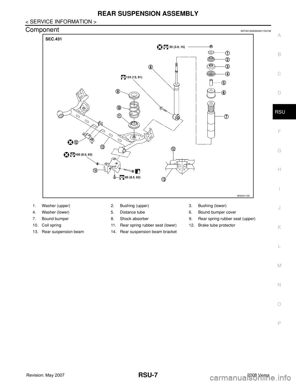 NISSAN LATIO 2008 Service Repair Manual REAR SUSPENSION ASSEMBLY
RSU-7
< SERVICE INFORMATION >
C
D
F
G
H
I
J
K
L
MA
B
RSU
N
O
P
ComponentINFOID:0000000001703738
WAIA0110E
1. Washer (upper) 2. Bushing (upper) 3. Bushing (lower)
4. Washer (lo NISSAN LATIO 2008 Service Repair Manual REAR SUSPENSION ASSEMBLY
RSU-7
< SERVICE INFORMATION >
C
D
F
G
H
I
J
K
L
MA
B
RSU
N
O
P
ComponentINFOID:0000000001703738
WAIA0110E
1. Washer (upper) 2. Bushing (upper) 3. Bushing (lower)
4. Washer (lo