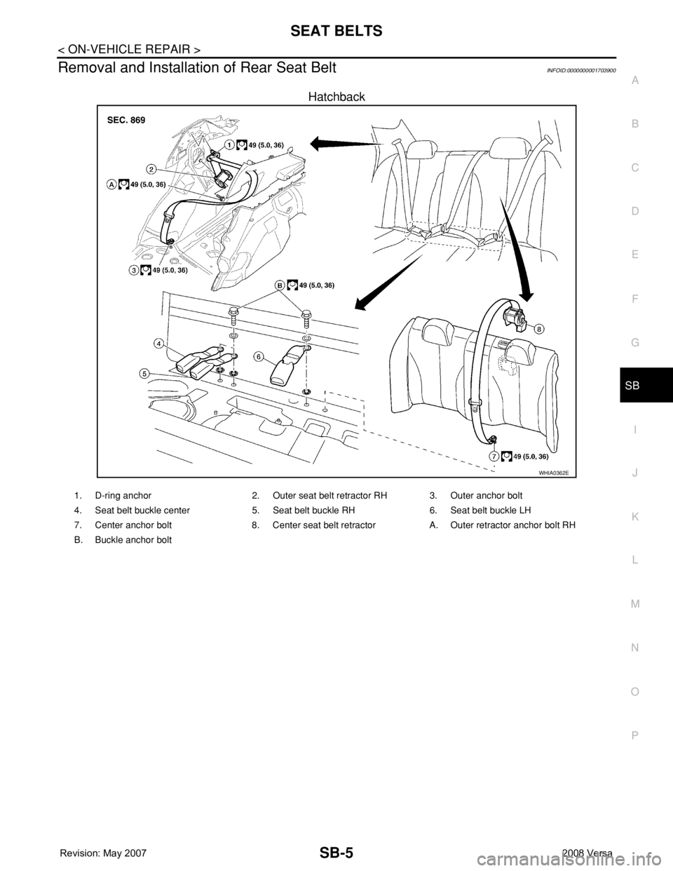 NISSAN LATIO 2008 Service Repair Manual SEAT BELTS
SB-5
< ON-VEHICLE REPAIR >
C
D
E
F
G
I
J
K
L
MA
B
SB
N
O
P
Removal and Installation of Rear Seat BeltINFOID:0000000001703900
Hatchback
WHIA0362E
1. D-ring anchor 2. Outer seat belt retracto NISSAN LATIO 2008 Service Repair Manual SEAT BELTS
SB-5
< ON-VEHICLE REPAIR >
C
D
E
F
G
I
J
K
L
MA
B
SB
N
O
P
Removal and Installation of Rear Seat BeltINFOID:0000000001703900
Hatchback
WHIA0362E
1. D-ring anchor 2. Outer seat belt retracto