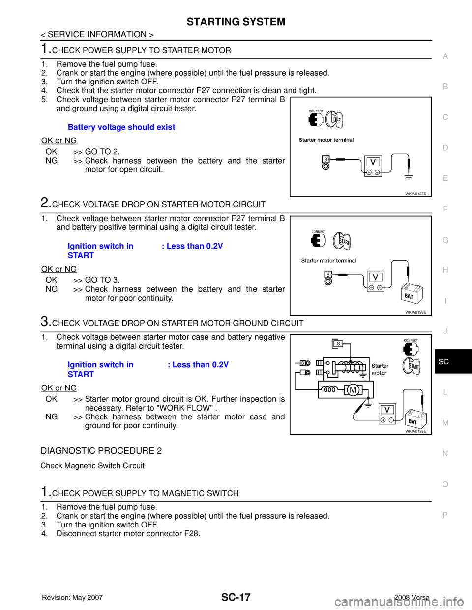 NISSAN LATIO 2008 Service Repair Manual STARTING SYSTEM
SC-17
< SERVICE INFORMATION >
C
D
E
F
G
H
I
J
L
MA
B
SC
N
O
P
1.CHECK POWER SUPPLY TO STARTER MOTOR
1. Remove the fuel pump fuse.
2. Crank or start the engine (where possible) until th NISSAN LATIO 2008 Service Repair Manual STARTING SYSTEM
SC-17
< SERVICE INFORMATION >
C
D
E
F
G
H
I
J
L
MA
B
SC
N
O
P
1.CHECK POWER SUPPLY TO STARTER MOTOR
1. Remove the fuel pump fuse.
2. Crank or start the engine (where possible) until th
