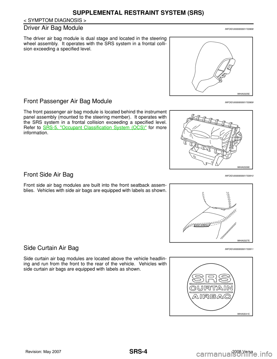 NISSAN LATIO 2008 Service Repair Manual SRS-4
< SYMPTOM DIAGNOSIS >
SUPPLEMENTAL RESTRAINT SYSTEM (SRS)
Driver Air Bag Module
INFOID:0000000001703908
The driver air bag module is dual stage and located in the steering
wheel assembly. It op NISSAN LATIO 2008 Service Repair Manual SRS-4
< SYMPTOM DIAGNOSIS >
SUPPLEMENTAL RESTRAINT SYSTEM (SRS)
Driver Air Bag Module
INFOID:0000000001703908
The driver air bag module is dual stage and located in the steering
wheel assembly. It op