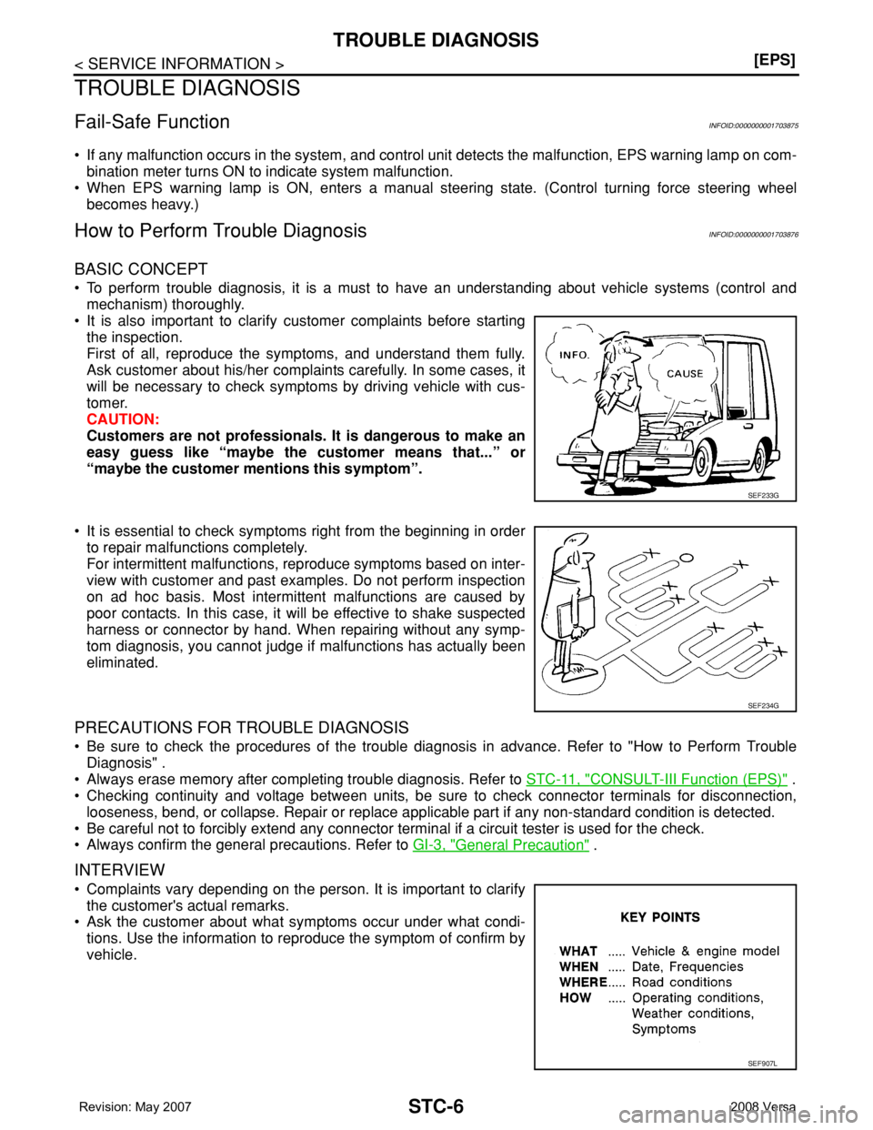 NISSAN LATIO 2008  Service Repair Manual STC-6
< SERVICE INFORMATION >[EPS]
TROUBLE DIAGNOSIS
TROUBLE DIAGNOSIS
Fail-Safe FunctionINFOID:0000000001703875
• If any malfunction occurs in the system, and control unit detects the malfunction, 