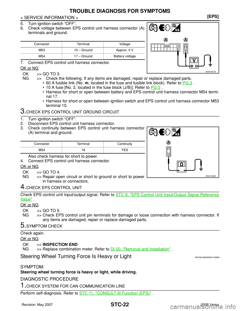 NISSAN LATIO 2008  Service Repair Manual STC-22
< SERVICE INFORMATION >[EPS]
TROUBLE DIAGNOSIS FOR SYMPTOMS
5. Turn ignition switch “OFF”.
6. Check voltage between EPS control unit harness connector (A)
terminals and ground.
7. Connect E