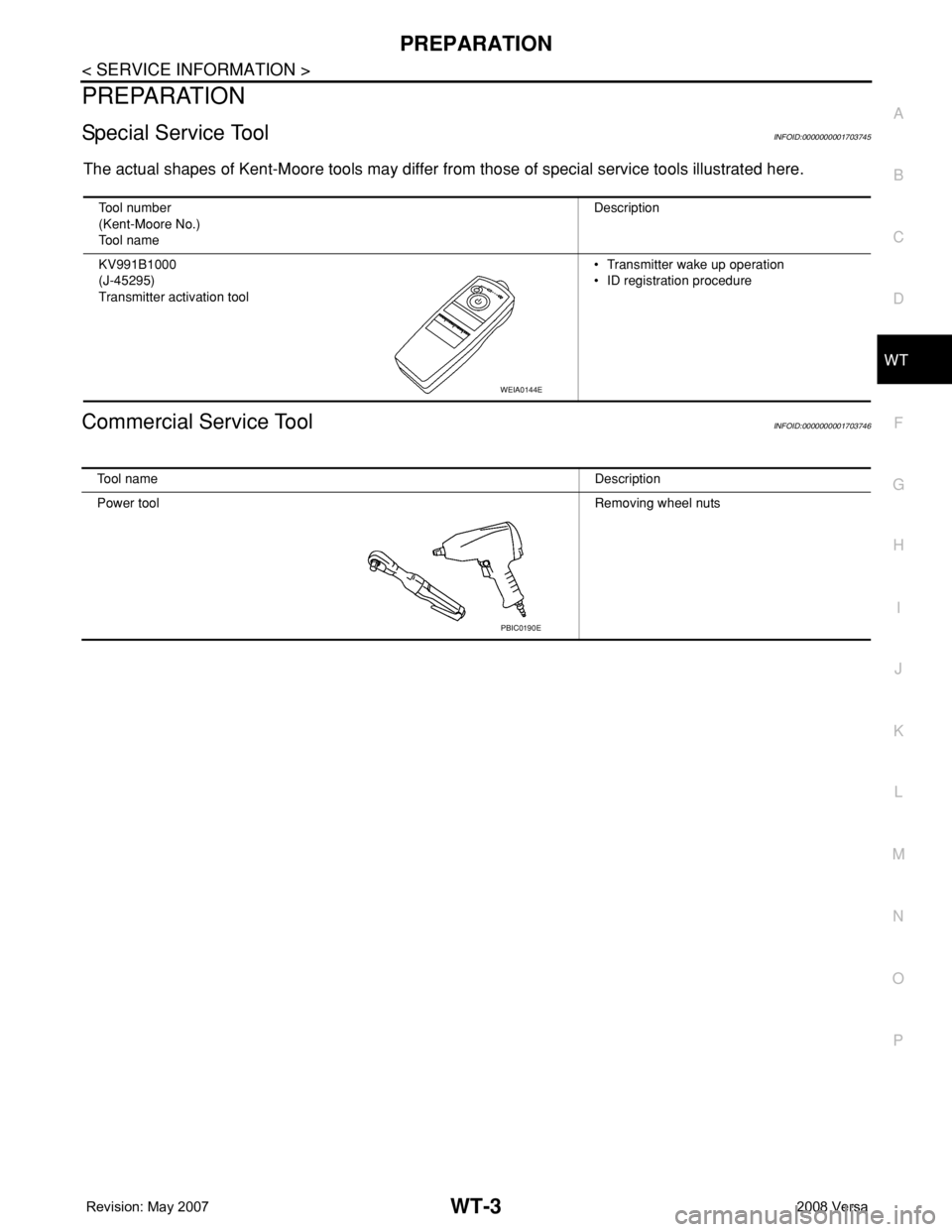 NISSAN LATIO 2008 Service Repair Manual PREPARATION
WT-3
< SERVICE INFORMATION >
C
D
F
G
H
I
J
K
L
MA
B
WT
N
O
P
PREPARATION
Special Service ToolINFOID:0000000001703745
The actual shapes of Kent-Moore tools may differ from those of special NISSAN LATIO 2008 Service Repair Manual PREPARATION
WT-3
< SERVICE INFORMATION >
C
D
F
G
H
I
J
K
L
MA
B
WT
N
O
P
PREPARATION
Special Service ToolINFOID:0000000001703745
The actual shapes of Kent-Moore tools may differ from those of special