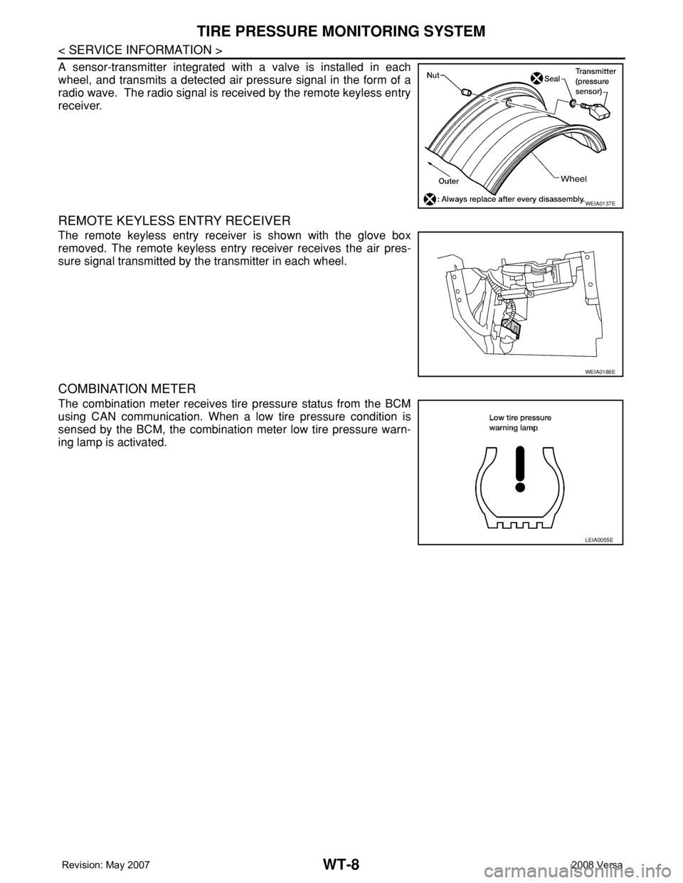 NISSAN LATIO 2008 Service Repair Manual WT-8
< SERVICE INFORMATION >
TIRE PRESSURE MONITORING SYSTEM
A sensor-transmitter integrated with a valve is installed in each
wheel, and transmits a detected air pressure signal in the form of a
radi NISSAN LATIO 2008 Service Repair Manual WT-8
< SERVICE INFORMATION >
TIRE PRESSURE MONITORING SYSTEM
A sensor-transmitter integrated with a valve is installed in each
wheel, and transmits a detected air pressure signal in the form of a
radi