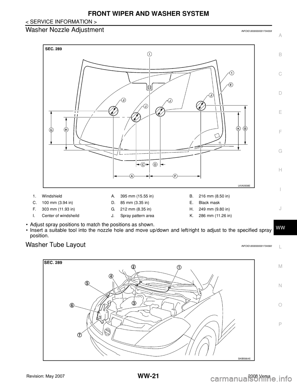 NISSAN LATIO 2008 Service Repair Manual FRONT WIPER AND WASHER SYSTEM
WW-21
< SERVICE INFORMATION >
C
D
E
F
G
H
I
J
L
MA
B
WW
N
O
P
Washer Nozzle AdjustmentINFOID:0000000001704559
• Adjust spray positions to match the positions as shown.
NISSAN LATIO 2008 Service Repair Manual FRONT WIPER AND WASHER SYSTEM
WW-21
< SERVICE INFORMATION >
C
D
E
F
G
H
I
J
L
MA
B
WW
N
O
P
Washer Nozzle AdjustmentINFOID:0000000001704559
• Adjust spray positions to match the positions as shown.
